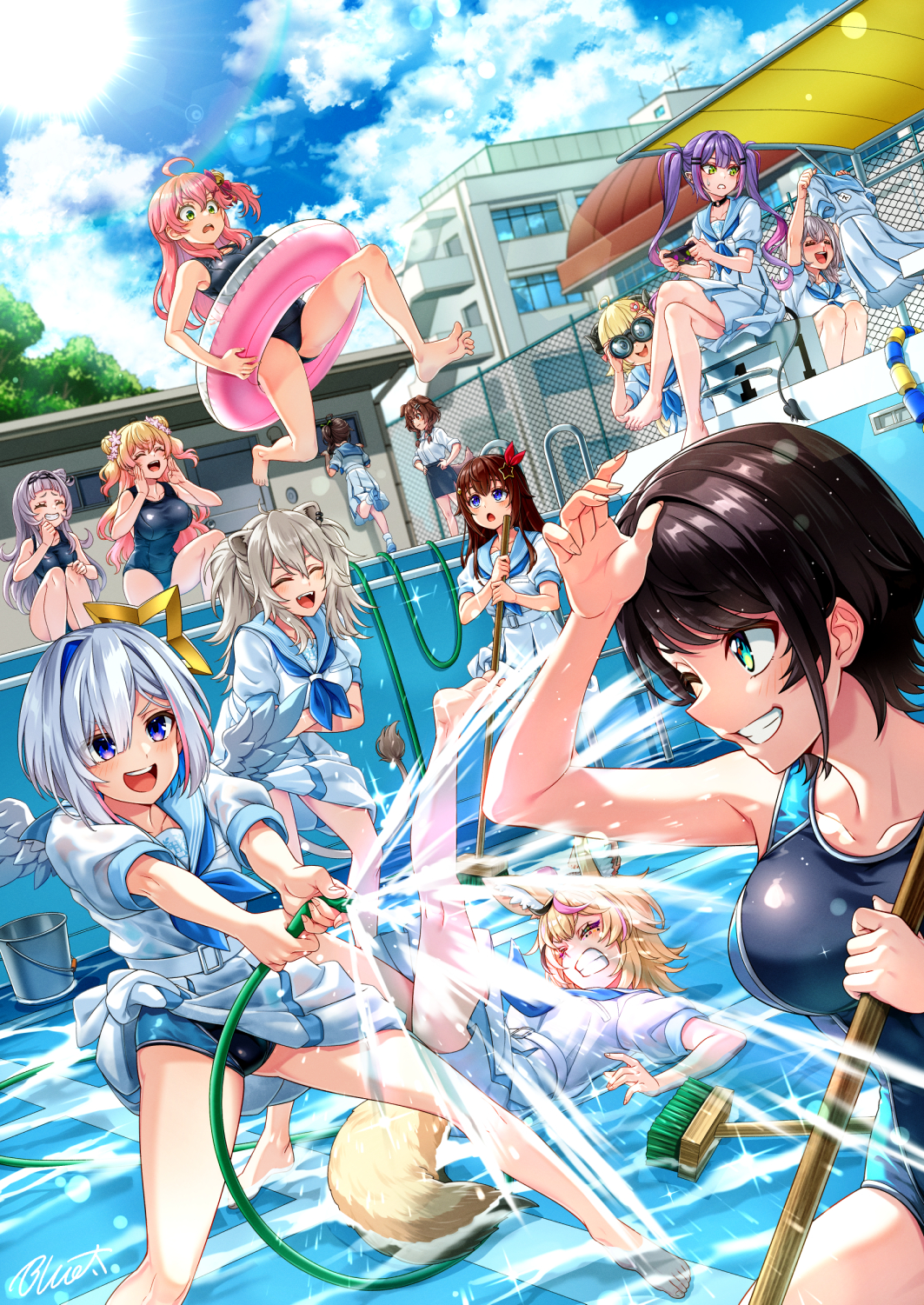buru-dai, amane kanata, bibi (tokoyami towa), inugami korone, momosuzu nene, murasaki shion, natsuiro matsuri, omaru polka, oozora subaru, shirogane noel, shishiro botan, tokino sora, tokoyami towa, tsunomaki watame, hololive, commentary request, highres, 6+girls, ahoge, angel, angel wings, animal ear fluff, animal ear piercing, animal ears, aqua sailor collar, arched bangs, barefoot, belt, binoculars, black hair, black skirt, blonde hair, blue eyes, blue hair, braid, breasts, broom, brown hair, bucket, cleaning pool, cloud, collarbone, crossed legs, day, dog ears, dog girl, dog tail, double bun, empty pool, fallen down, feathered wings, flower, fox ears, fox girl, green eyes, grey hair, hair bun, hair flaps, hair flower, hair ornament, halo, holding, holding binoculars, holding hose, holding unworn clothes, holohoneygaoka high school uniform, holohoneygaoka koukou, horns, hose, innertube, jumping, laughing, lion ears, lion girl, lion tail, long hair, medium hair, multicolored hair, multiple girls, official alternate costume, one-piece swimsuit, one side up, outdoors, pencil skirt, pink hair, pleated skirt, pool, puffy short sleeves, puffy sleeves, purple eyes, purple hair, sailor collar, school, school swimsuit, school uniform, serafuku, sheep girl, sheep horns, shirt, short hair, short sleeves, sidelocks, single hair intake, sitting, skirt, sleeves rolled up, smile, splashing, squatting, standing, star (symbol), star hair ornament, star halo, streaked hair, swept bangs, swim ring, swimsuit, tail, tied skirt, twin braids, twintails, two side up, virtual youtuber, wading, white belt, white serafuku, white shirt, wings