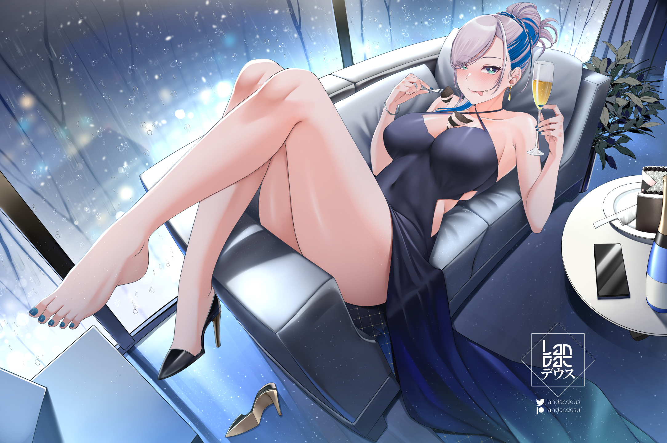 landacdeus, pavolia reine, hololive, hololive indonesia, commentary, english commentary, highres, 1girl, alternate costume, aqua eyes, artist logo, bare shoulders, barefoot, blue dress, blue eyes, blue hair, blue nails, blush, breasts, bright pupils, cake, cake slice, champagne bottle, champagne flute, cleavage, clothing cutout, couch, covered navel, criss-cross halter, cup, dress, drinking glass, earrings, feet, food, food between breasts, fork, from above, full body, gown, grey hair, hair bun, halterneck, high heels, hip vent, holding, holding cup, holding fork, indoors, jewelry, knees up, large breasts, logo, long dress, looking at viewer, lying, multicolored hair, nail polish, on back, on couch, patreon username, pointy ears, shoes, single bare foot, single shoe, single thighhigh, solo, swept bangs, thighhighs, thighs, toenail polish, toenails, toes, tongue, tongue out, twitter username, two-tone hair, unworn shoes, virtual youtuber, watermark