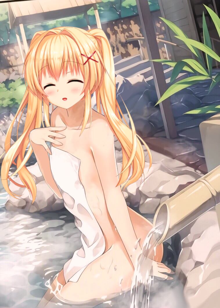 tsumugi wenders, summer pockets, artist request, commentary request, 1girl, ^ ^, ass, bathing, blonde hair, blush, closed eyes, covering privates, facing viewer, hair ornament, hairclip, holding, holding towel, long hair, naked towel, nude, nude cover, onsen, open mouth, outdoors, sitting, solo, towel, water, x hair ornament