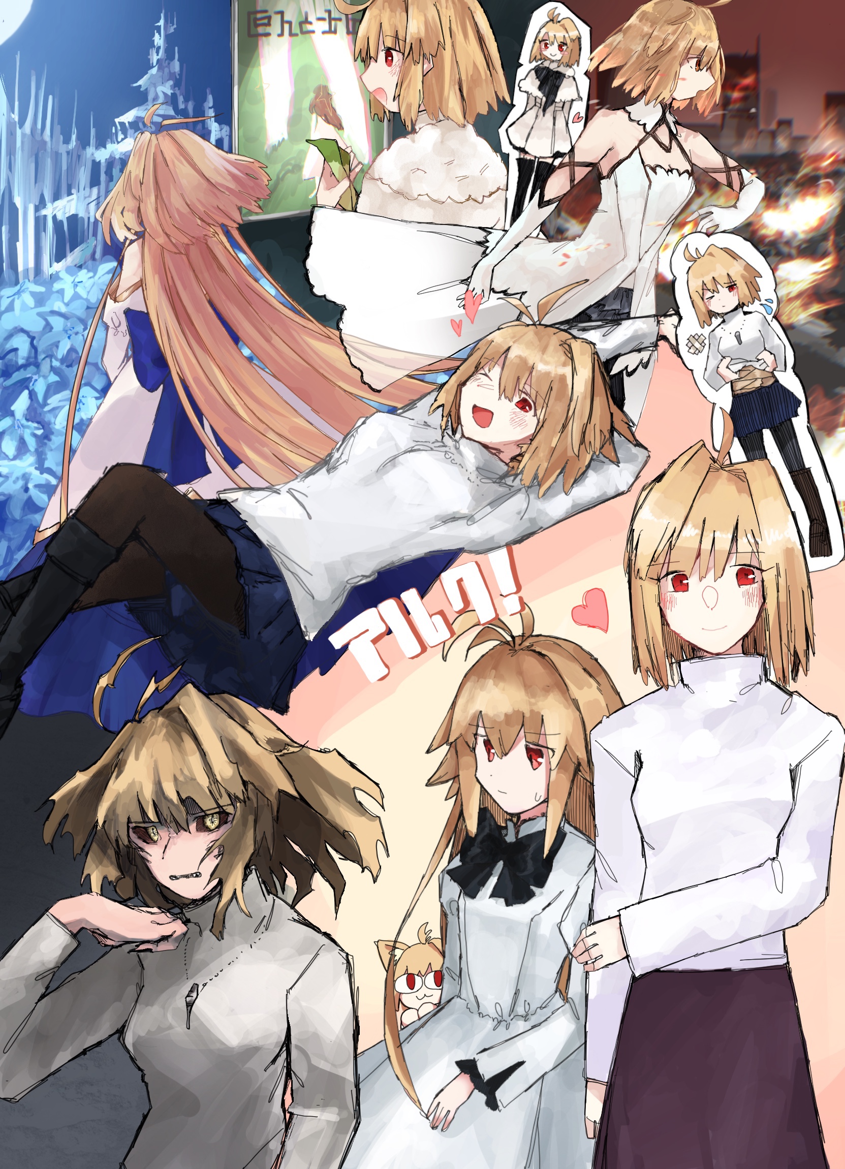 meirono miyage, archetype earth, arcueid brunestud, arcueid brunestud (luminous body), eco-arc, neco-arc, red arcueid, tsukihime, tsukihime (remake), highres, bare shoulders, black bow, black pantyhose, blonde hair, blue ribbon, blush, bow, breasts, capelet, cleavage, clothes lift, coat, colored sclera, dress, dual persona, duct tape, elbow gloves, gloves, jewelry, long hair, looking at viewer, marble phantasm, multiple persona, mystic eyes of enchantment, necklace, official alternate costume, one eye closed, pantyhose, red sclera, ribbon, short hair, smile, sweat, sweater, sweater lift, turtleneck, turtleneck sweater, very long hair, wavy hair, white capelet, white coat, white dress, white sweater, yellow eyes