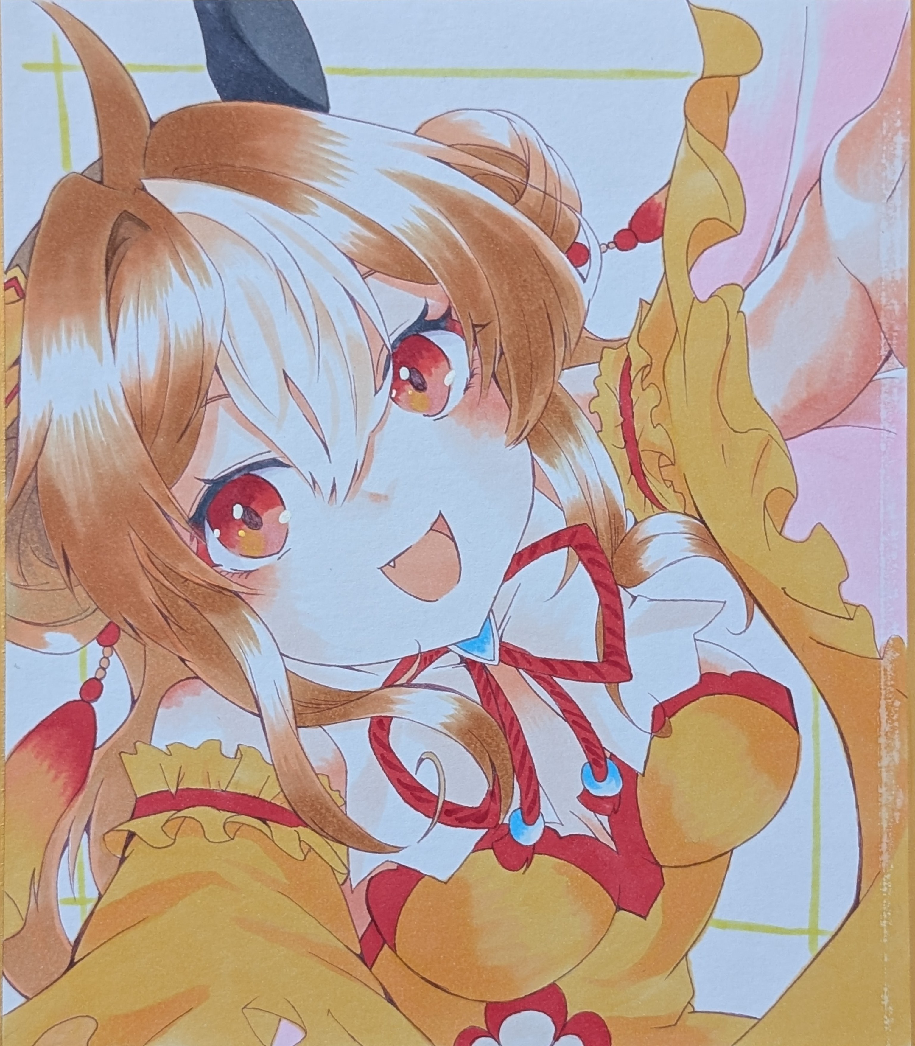 copano rickey (umamusume), copano rickey (yin-yang bagua lucky costume) (umamusume), umamusume, absurdres, highres, marker (medium), traditional media, 1girl, ahoge, animal ears, fang, horse ears, horse girl, orange hair, red eyes, ringi777