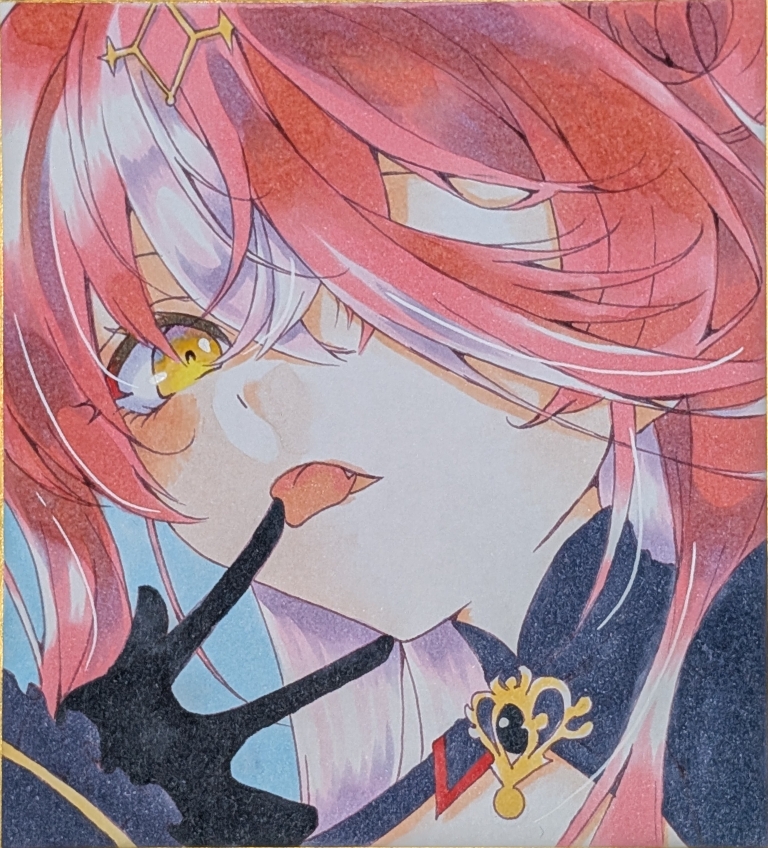 houshou marine, hololive, marker (medium), tagme, traditional media, 1girl, hair over eyes, red hair, ringi777, tongue, yellow eyes