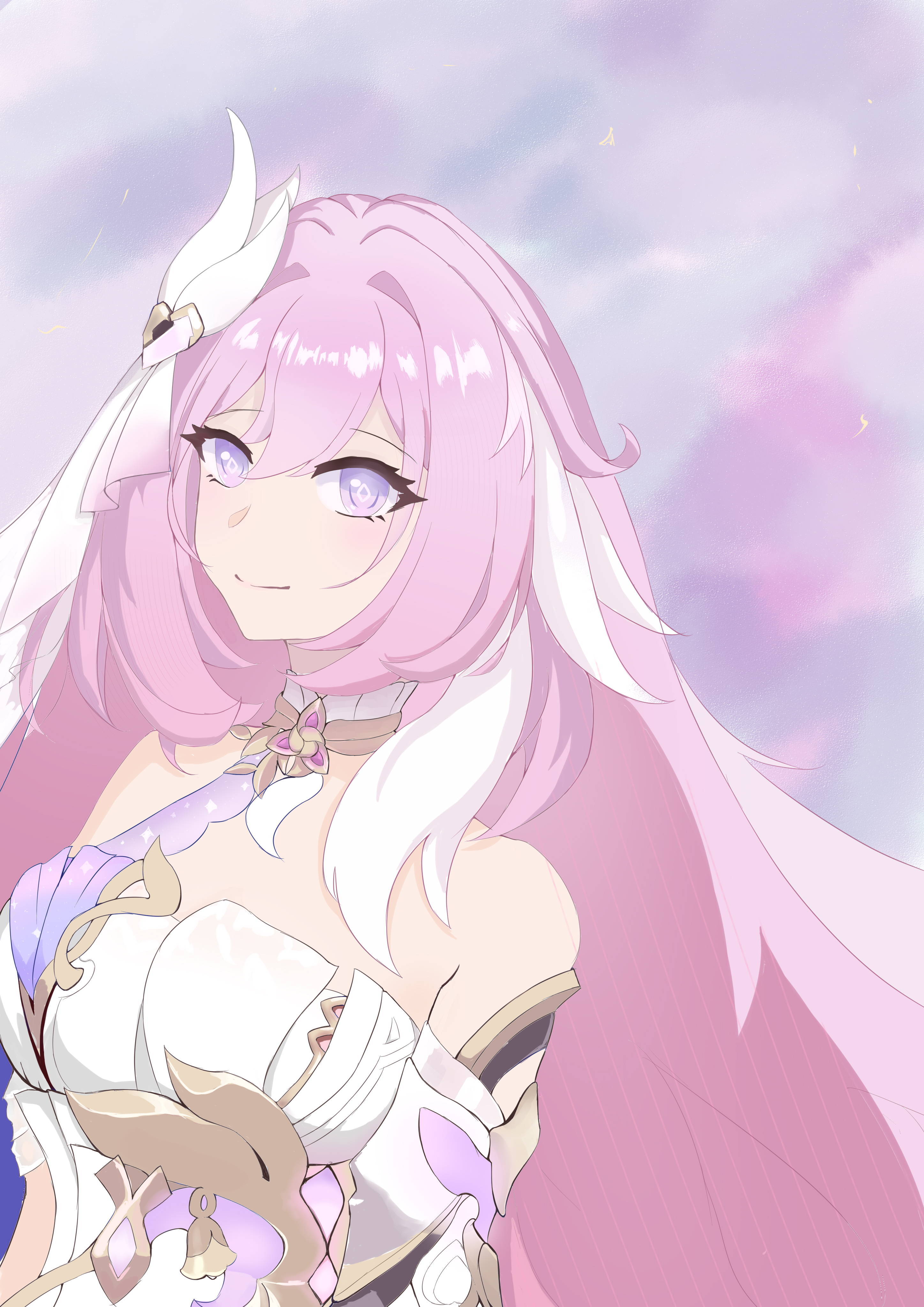 buchuhutaobugaiming, elysia (herrscher of human: ego) (honkai impact), elysia (honkai impact), honkai (series), honkai impact 3rd, absurdres, chinese commentary, commentary request, highres, 1girl, bare shoulders, breasts, corset, diamond-shaped pupils, diamond (shape), hair ornament, large breasts, long hair, looking at viewer, multicolored hair, pink hair, purple eyes, smile, solo, symbol-shaped pupils, triquetra, two-tone hair, upper body, very long hair, white corset, white hair