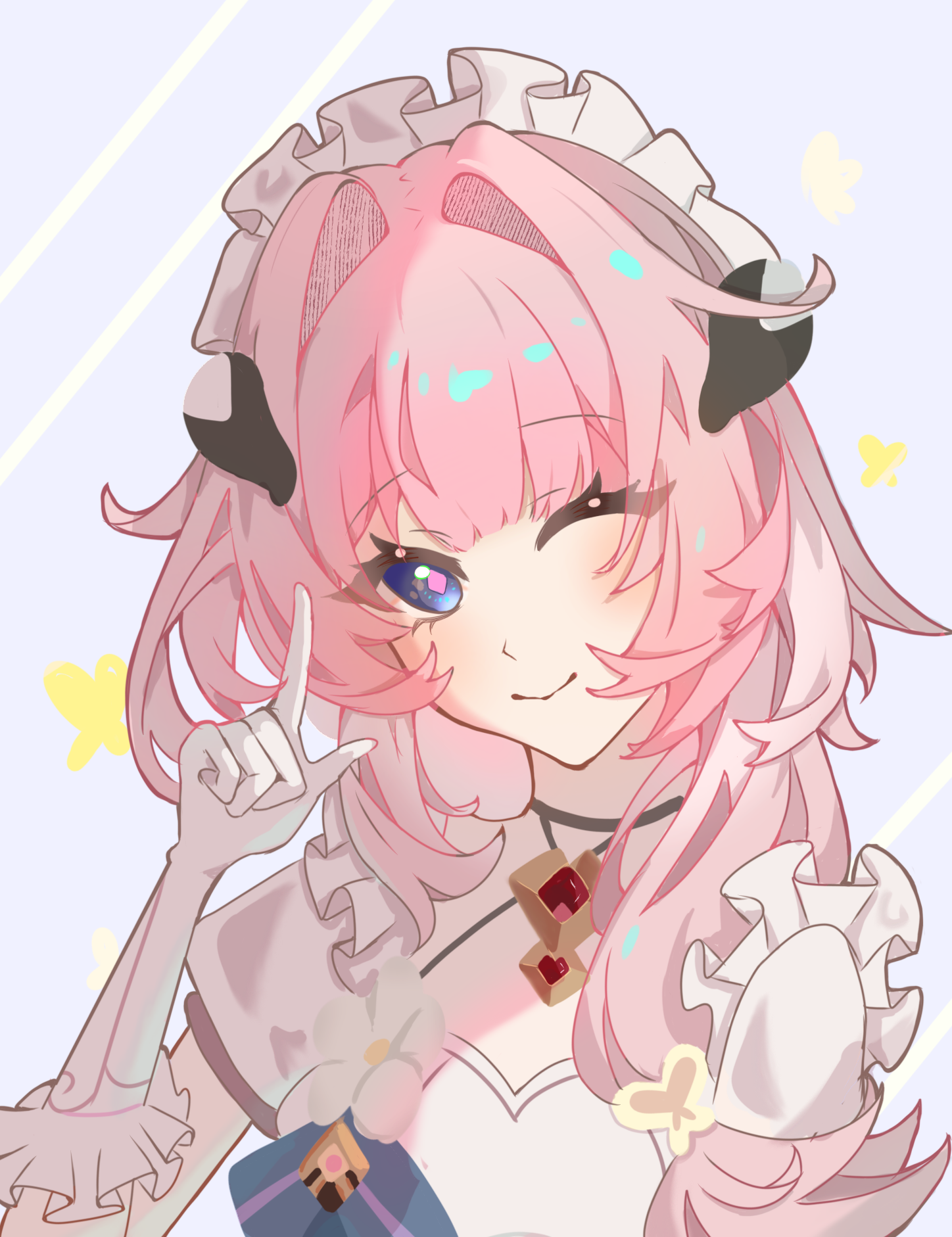 buchuhutaobugaiming, elysia (honkai impact), elysia (miss pink) (honkai impact), elysia (miss pink elf) (honkai impact), honkai (series), honkai impact 3rd, chinese commentary, commentary request, highres, 1girl, ;), blue eyes, butterfly hair ornament, fake horns, gloves, hair ornament, horns, long hair, looking at viewer, maid, maid headdress, official alternate costume, one eye closed, pink hair, smile, solo, upper body, very long hair, white gloves
