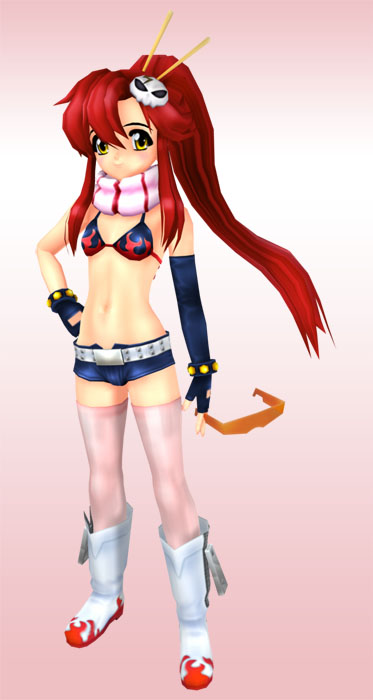 yoko littner, tengen toppa gurren lagann, tagme, 00s, 1girl, 3d, bikini, breasts, female focus, full body, gradient background, navel, shorts, solo, standing, swimsuit, white background