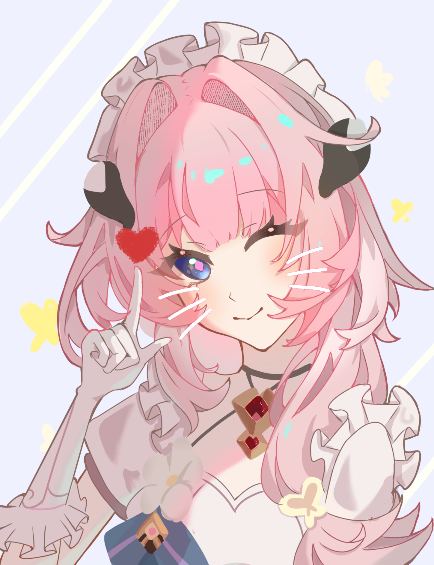 buchuhutaobugaiming, elysia (honkai impact), elysia (miss pink) (honkai impact), elysia (miss pink elf) (honkai impact), honkai (series), honkai impact 3rd, chinese commentary, commentary request, highres, 1girl, ;), blue eyes, butterfly hair ornament, drawn whiskers, fake horns, gloves, hair ornament, heart, horns, long hair, looking at viewer, maid, maid headdress, official alternate costume, one eye closed, pink hair, smile, solo, upper body, very long hair, white gloves