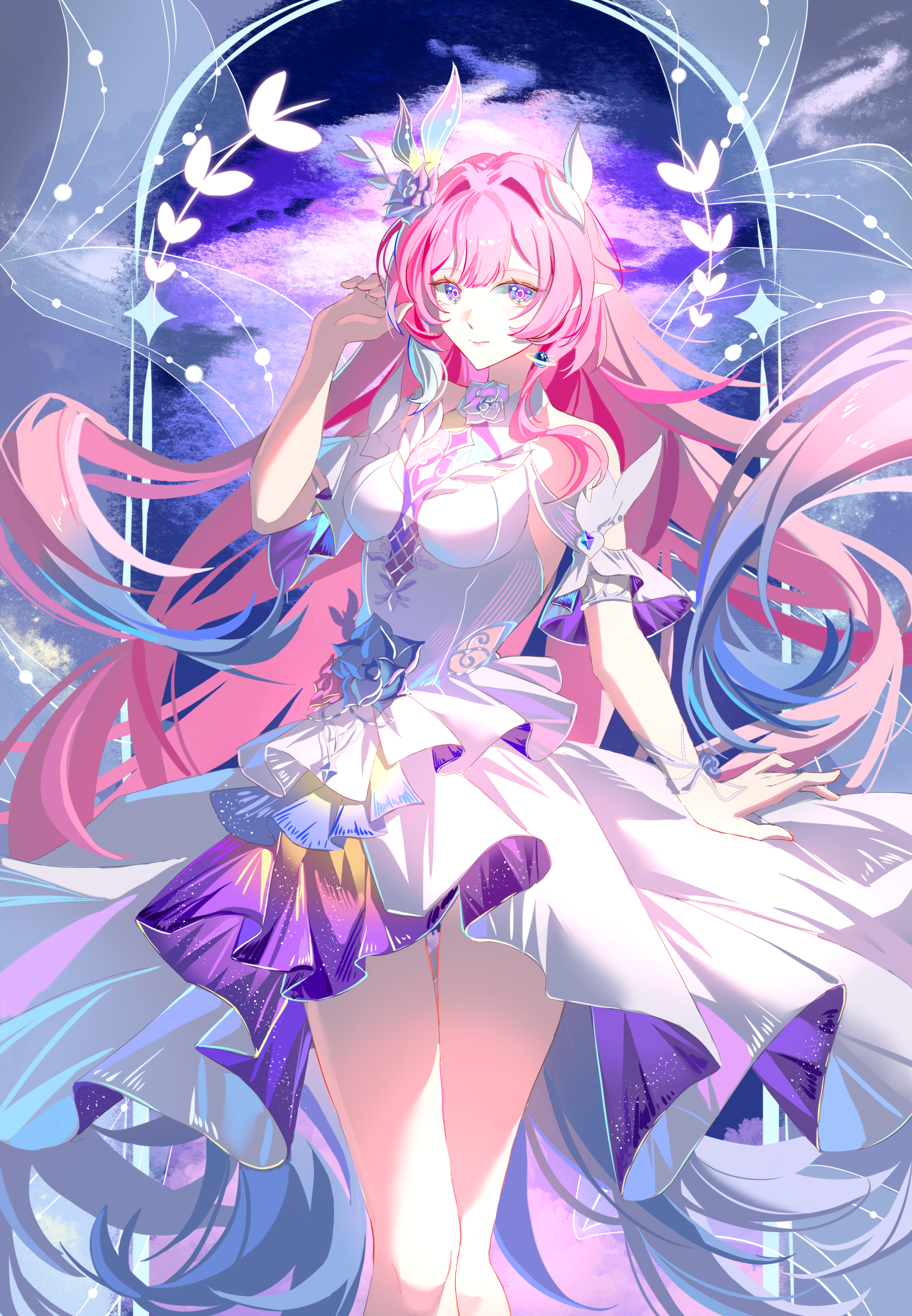 buchuhutaobugaiming, cyrene (honkai: star rail), cyrene (ripples of past reverie) (honkai: star rail), honkai: star rail, honkai (series), absurdres, chinese commentary, commentary request, highres, 1girl, bare shoulders, blue hair, breasts, diamond-shaped pupils, diamond (shape), dress, earrings, flower, hair flower, hair ornament, jewelry, large breasts, long hair, looking at viewer, multicolored hair, pink hair, pointy ears, purple eyes, smile, solo, symbol-shaped pupils, thighs, very long hair, white dress, white hair