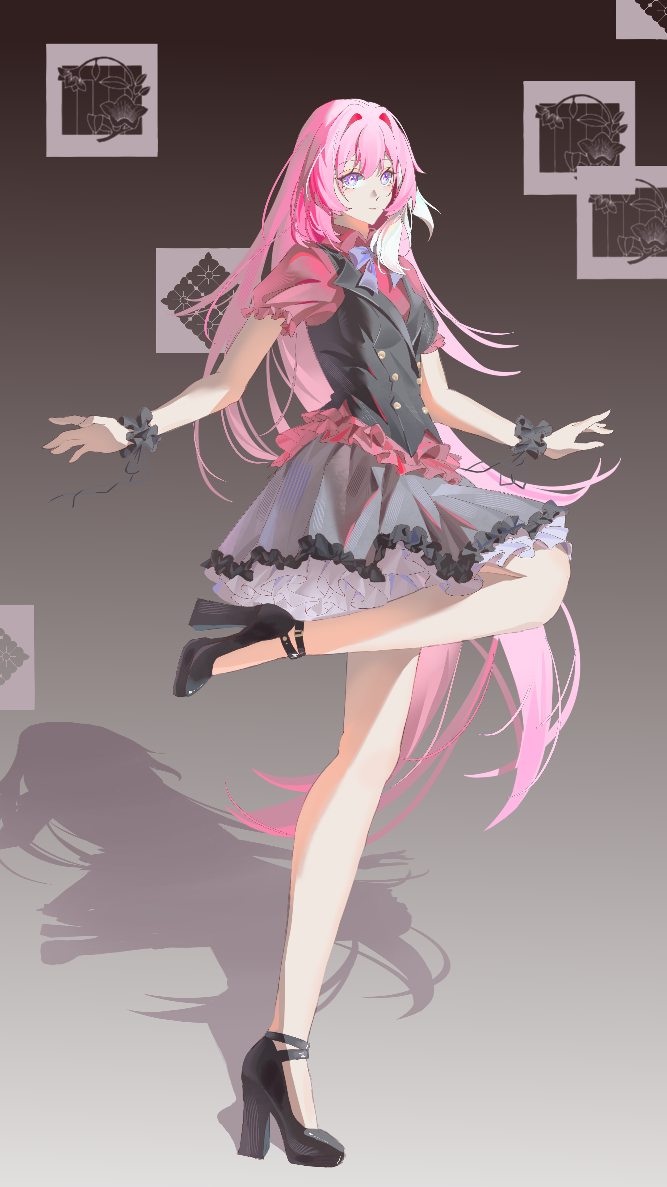 buchuhutaobugaiming, elysia (honkai impact), honkai (series), honkai impact 3rd, absurdres, chinese commentary, commentary request, highres, 1girl, alternate costume, black dress, breasts, diamond-shaped pupils, diamond (shape), dress, full body, grey background, high heels, long hair, medium breasts, multicolored hair, pink hair, purple eyes, scrunchie, smile, solo, symbol-shaped pupils, two-tone hair, very long hair, white hair, wrist scrunchie