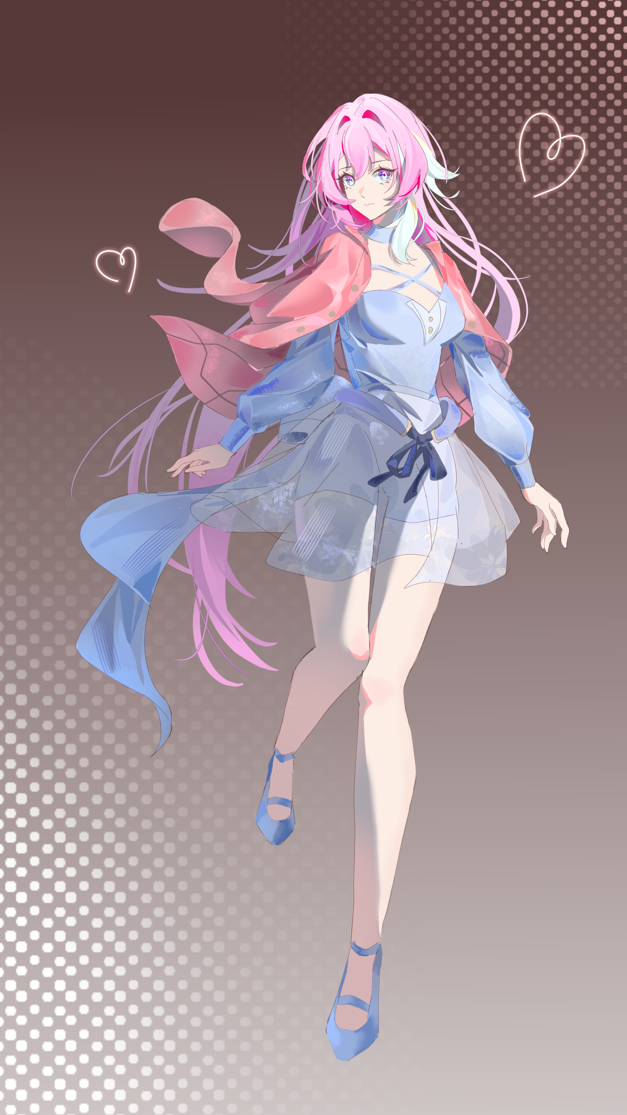 buchuhutaobugaiming, elysia (herrscher of human: ego) (honkai impact), elysia (honkai impact), honkai (series), honkai impact 3rd, absurdres, commentary request, highres, 1girl, alternate costume, breasts, brown background, coat, diamond-shaped pupils, diamond (shape), full body, high heels, large breasts, long hair, multicolored hair, pink hair, purple eyes, red coat, solo, symbol-shaped pupils, two-tone hair, very long hair, white hair