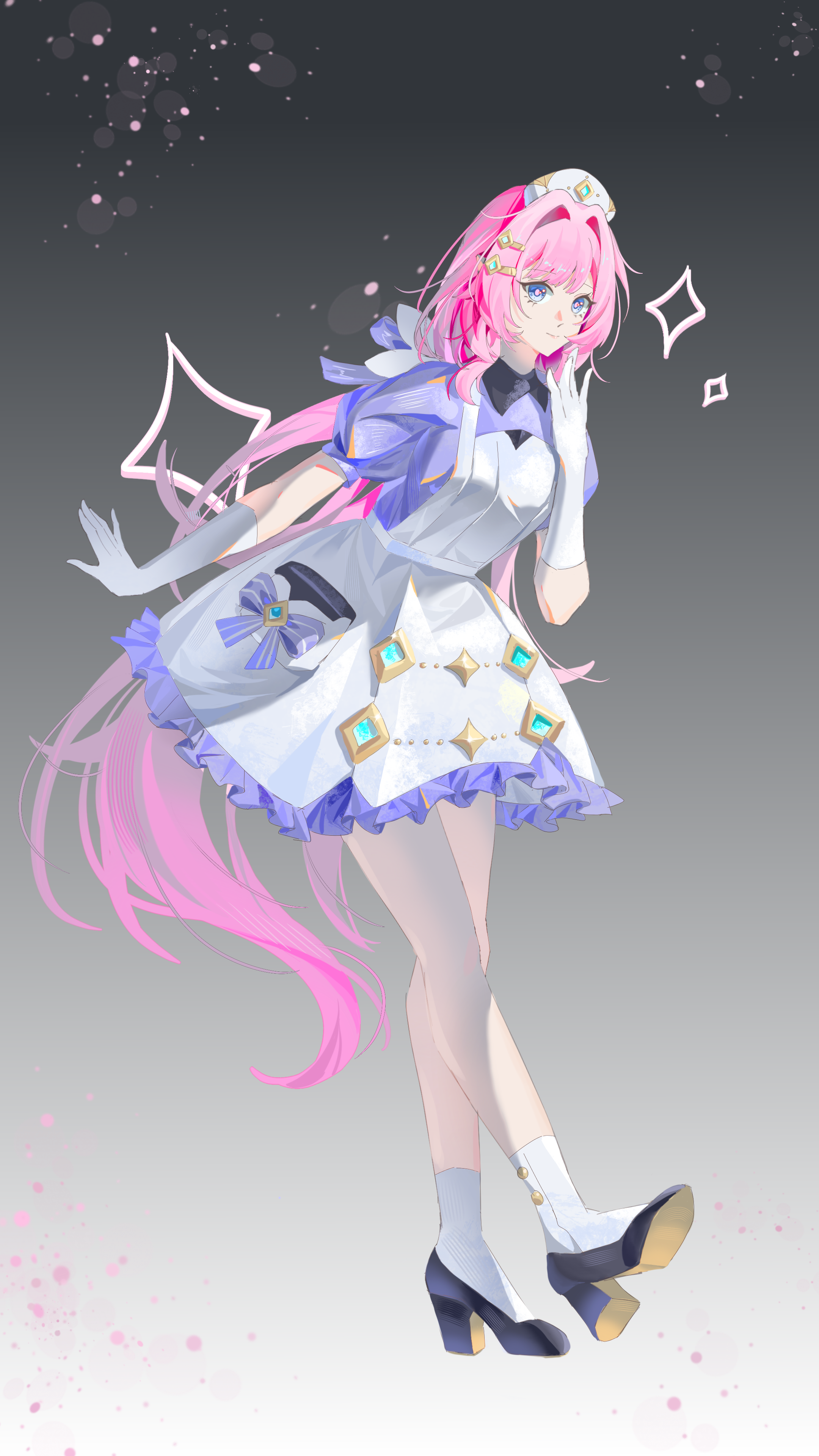 buchuhutaobugaiming, elysia (honkai impact), honkai (series), honkai impact 3rd, absurdres, chinese commentary, commentary request, highres, 1girl, blue eyes, breasts, dress, full body, gloves, grey background, hat, high heels, large breasts, long hair, nurse, nurse cap, official alternate costume, pink hair, socks, solo, very long hair, white dress, white gloves, white socks