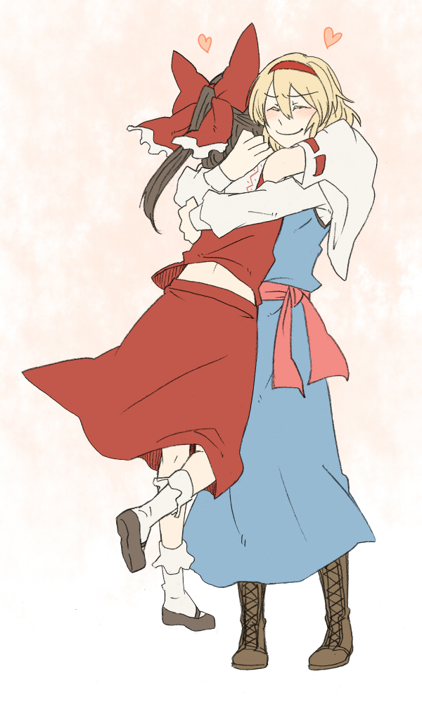 torinone, alice margatroid, hakurei reimu, touhou, 2girls, blonde hair, boots, brown hair, closed eyes, detached sleeves, female focus, hairband, heart, hug, japanese clothes, miko, multiple girls, ribbon, short hair, yuri