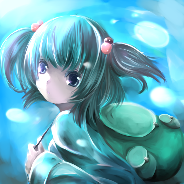 lk (artist), kawashiro nitori, touhou, bad id, bad pixiv id, 1girl, backpack, bag, blue eyes, blue hair, female focus, gradient background, hair bobbles, hair ornament, looking back, matching hair/eyes, randoseru, solo, two side up, upper body