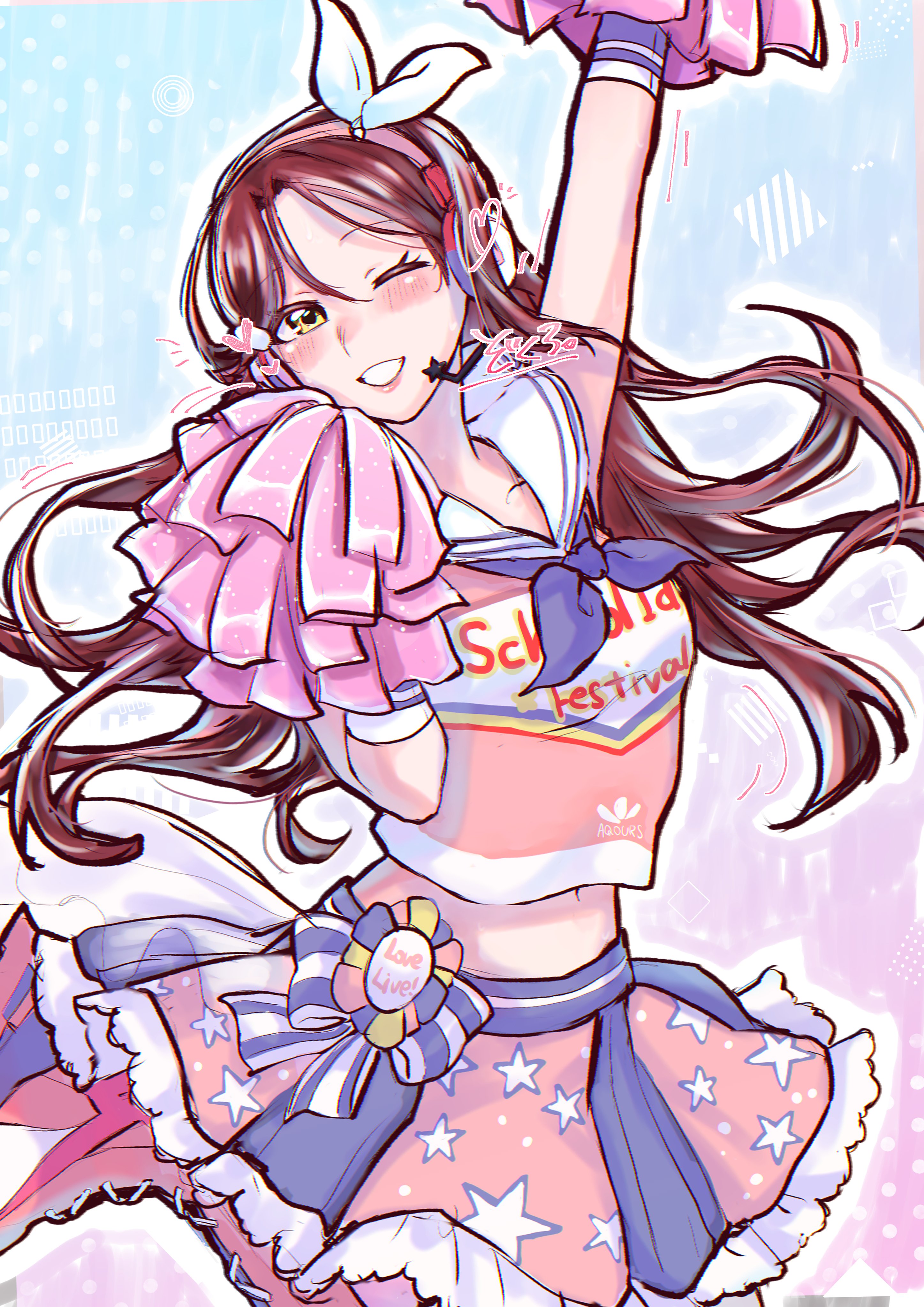 zokuro 1018, sakurauchi riko, love live!, love live! school idol festival, love live! sunshine!!, absurdres, commentary request, highres, 1girl, arm up, blue background, blue neckerchief, blue skirt, boots, bow, bow hairband, breasts, cheering, cheerleader, cowboy shot, hair bow, hairband, lace-up boots, leg up, long hair, medium breasts, midriff, miniskirt, navel, neckerchief, pink boots, pink shirt, pink skirt, pleated skirt, pom pom (cheerleading), red hair, sailor collar, sailor shirt, shirt, shirt overhang, short sleeves, signature, skirt, solo, takaramonozu, two-tone skirt, white bow, white hairband, white sailor collar, yellow eyes