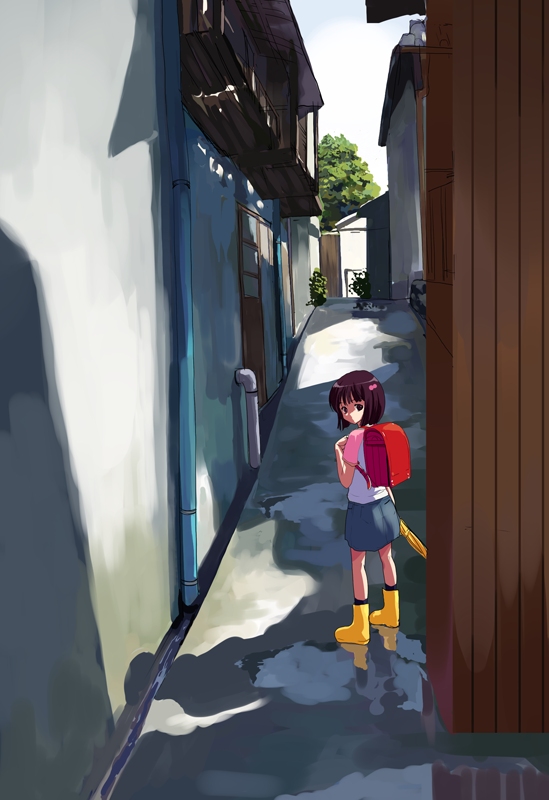 natori (natorism), original, 1girl, alley, backpack, bag, boots, brown hair, closed umbrella, female focus, looking back, puddle, randoseru, rubber boots, short hair, skirt, solo, umbrella