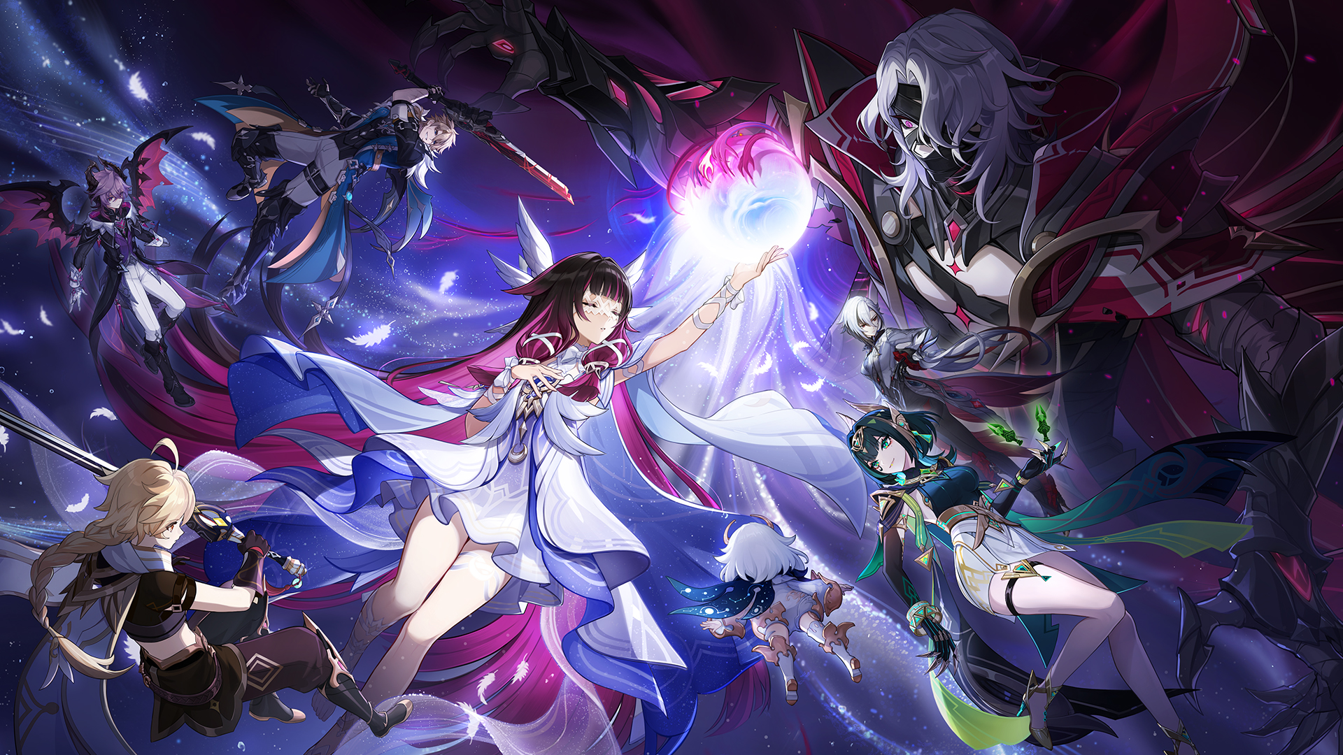 aether (genshin impact), arlecchino (genshin impact), columbina (genshin impact), mini durin (genshin impact), mini durin (human) (genshin impact), nefer (genshin impact), paimon (genshin impact), rerir (genshin impact), varka (genshin impact), genshin impact, commentary request, highres, official art, 4boys, 4girls, ahoge, bandages, black hair, blonde hair, braid, closed eyes, dress, english text, eye mask, hair between eyes, hair ornament, head wings, long hair, mask, multicolored hair, multiple boys, multiple girls, pink hair, streaked hair, two-tone hair, very long hair, white dress, white hair, wings