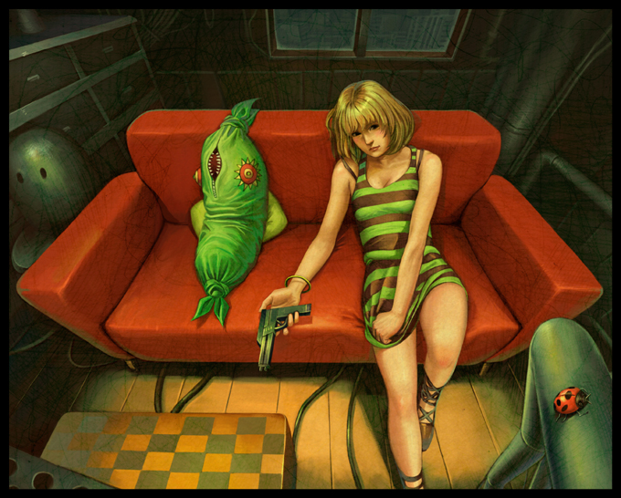 miyazaki, original, bad id, bad pixiv id, ankle lace-up, blonde hair, bracelet, bug, couch, dress, gun, handgun, insect, jewelry, ladybug, pistol, red upholstery, short hair, sitting, solo, striped clothes, striped dress, two-tone stripes, weapon