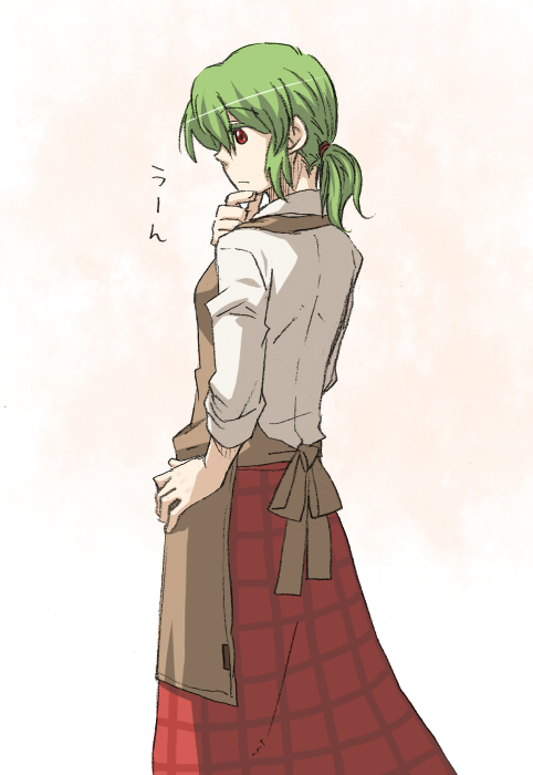 torinone, kazami yuuka, touhou, 1girl, alternate hairstyle, apron, dress shirt, female focus, from behind, green hair, hand on own chin, hand on own hip, pink background, plaid clothes, plaid skirt, ponytail, red eyes, shirt, short hair, skirt, solo, thinking