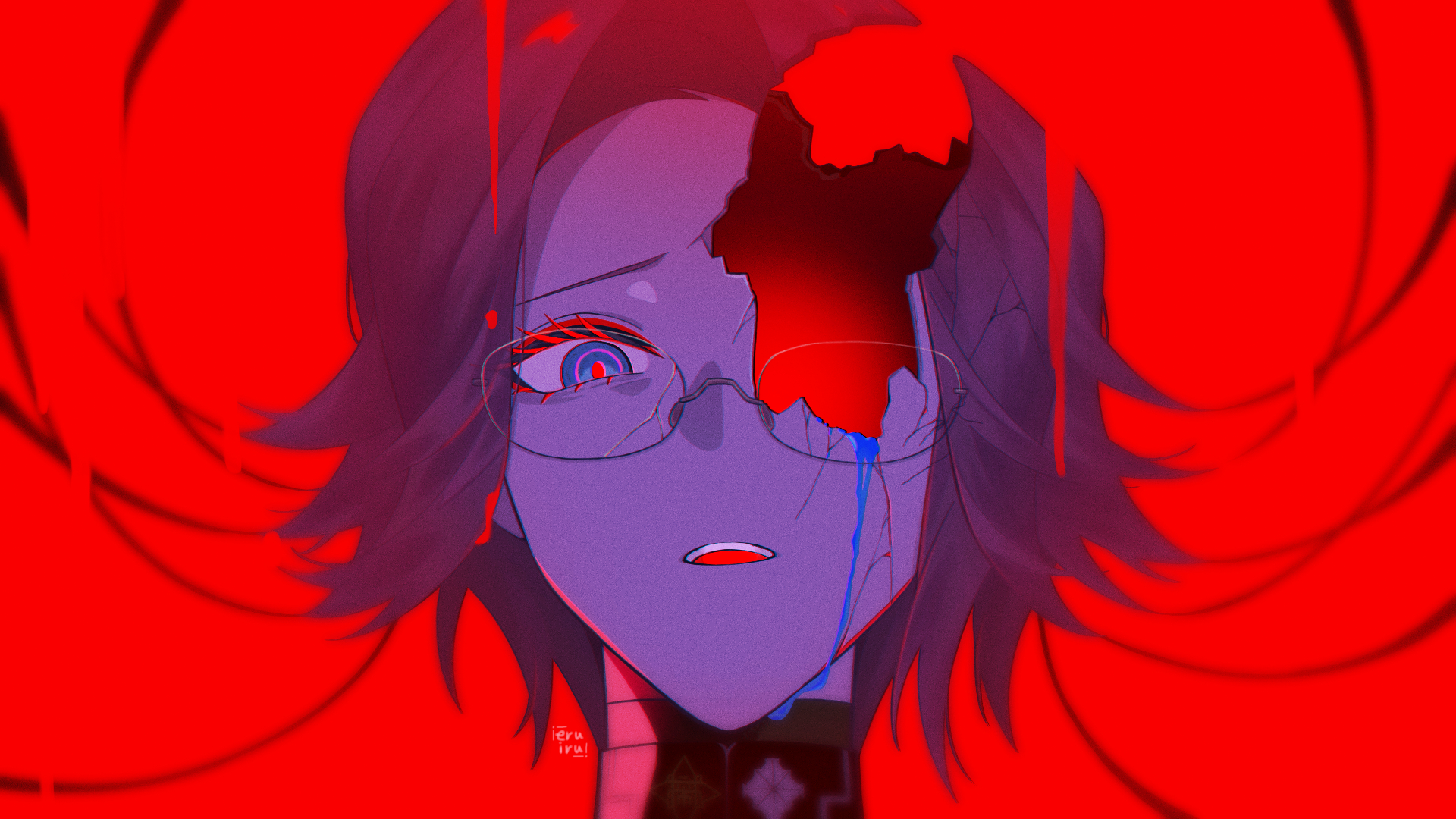 aquam0n1ca, aotsuki eito, the hundred line -last defense academy-, commentary, highres, variant set, 1boy, artist name, blending, blood, bloody tears, blue blood, blue eyes, body horror, broken eyewear, broken skin, colored eyelashes, eyeliner, glasses, grey hair, last defense academy school uniform, looking at viewer, makeup, male focus, marshmallow (vocaloid), open mouth, parted lips, portrait, red background, red eyeliner, red pupils, school uniform, short hair, solo, teeth, upper teeth only