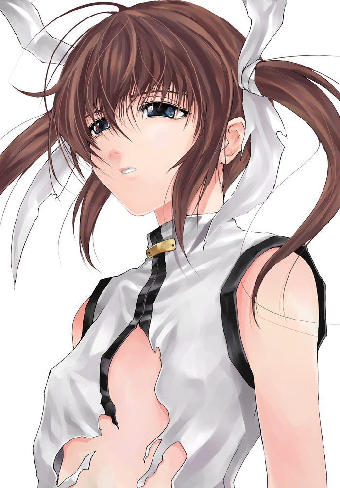 raid slash, takamachi nanoha, lyrical nanoha, mahou shoujo lyrical nanoha, 00s, 1girl, blue eyes, brown hair, female focus, sleeveless, solo, torn clothes