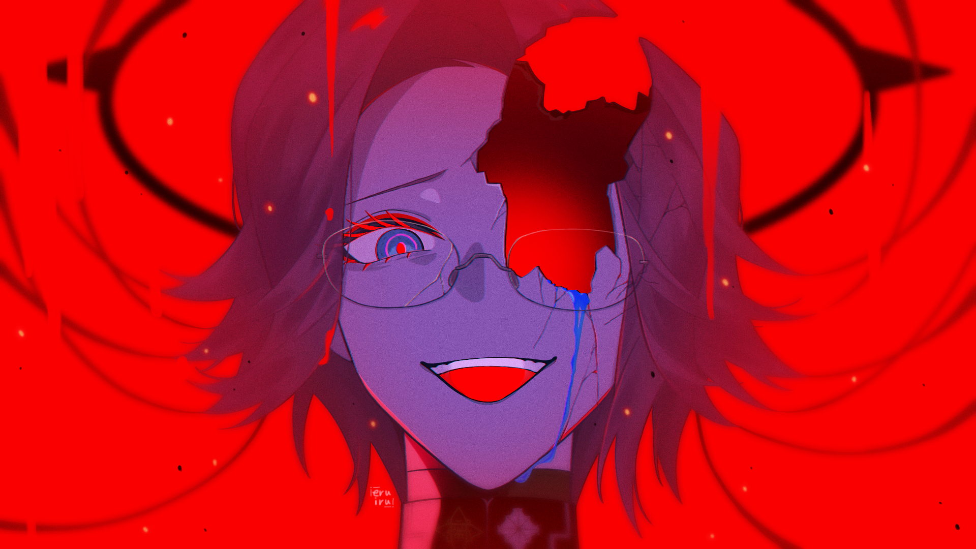 aquam0n1ca, aotsuki eito, the hundred line -last defense academy-, commentary, highres, spoilers, variant set, 1boy, artist name, black halo, blending, blood, bloody tears, blue blood, blue eyes, body horror, broken eyewear, broken skin, colored eyelashes, evil grin, evil smile, eyeliner, glasses, grey hair, grin, halo, last defense academy school uniform, looking at viewer, makeup, male focus, marshmallow (vocaloid), open mouth, portrait, red background, red eyeliner, red pupils, school uniform, short hair, smile, solo, teeth, upper teeth only