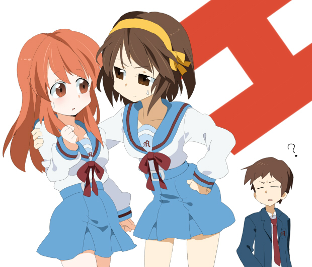 izumi minami, asahina mikuru, kyon, suzumiya haruhi, suzumiya haruhi no yuuutsu, 00s, ?, brown eyes, brown hair, hairband, long hair, miniskirt, nervous, school uniform, serafuku, short hair, skirt