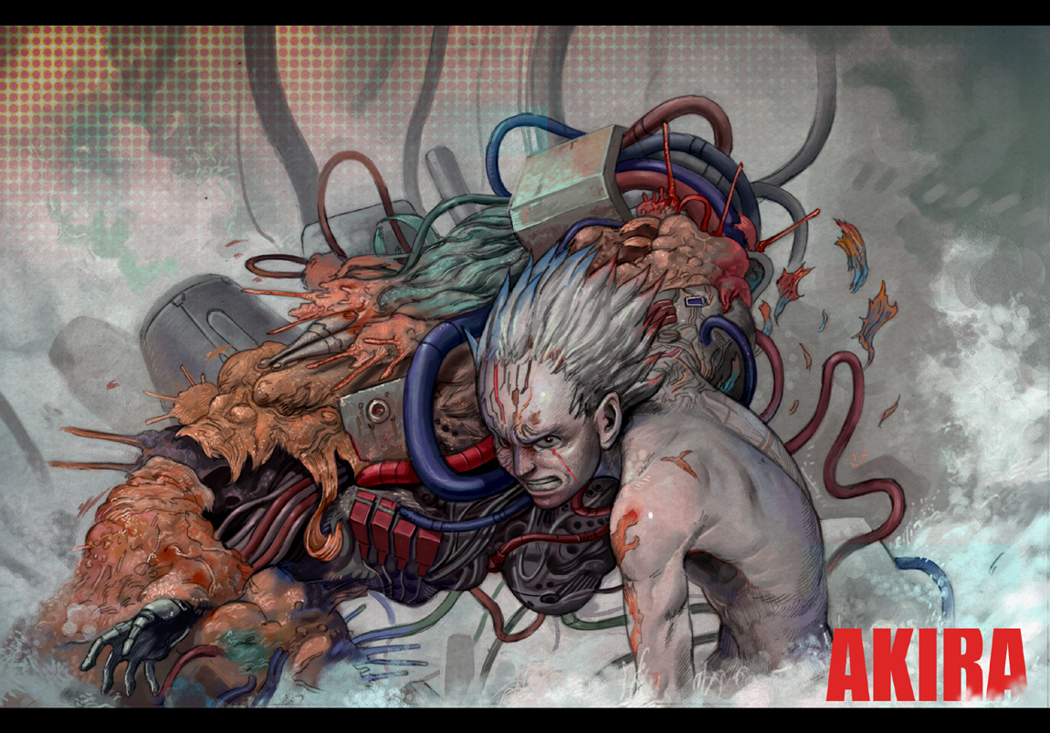 miyazaki, shima tetsuo, akira (manga), mutant, 1980s (style), bad id, 1boy, angry, cable, cyberpunk, glowing, glowing eyes, letterboxed, male focus, oldschool, prosthesis, retro artstyle, science fiction, solo