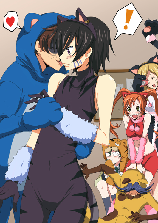 kl (dgzonbi), kururugi suzaku, lelouch vi britannia, code geass, 00s, 3boys, 3girls, animal costume, animal ears, cat costume, cat ears, catsuit, male focus, multiple boys, multiple girls, yaoi