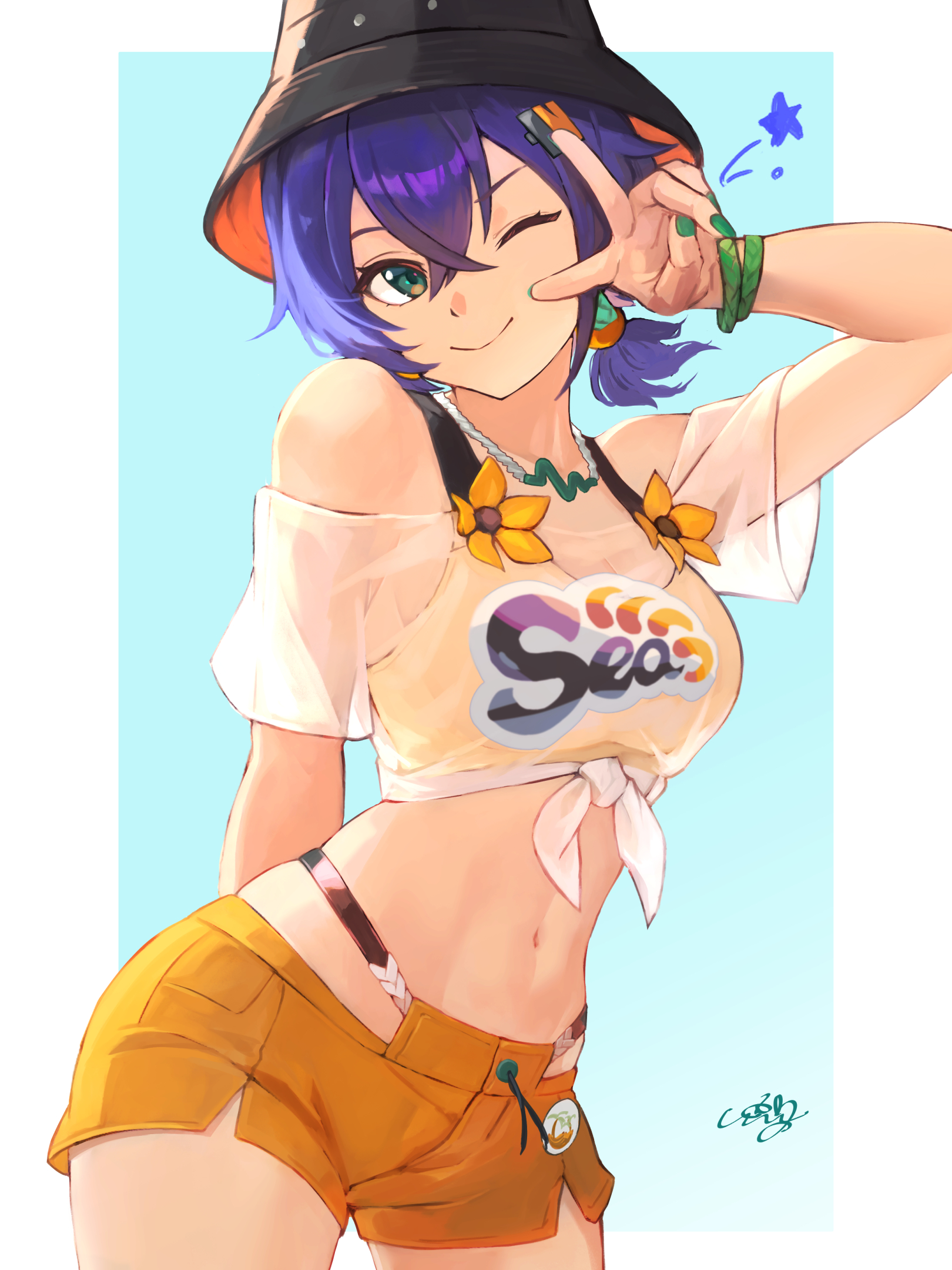uixy, belle (summer skies) (zenless zone zero), belle (zenless zone zero), zenless zone zero, commentary request, highres, 1girl, bikini, bikini top only, bikini top under shirt, bikini under clothes, blue hair, bowl, bowl hat, bracelet, breasts, bucket hat, closed mouth, cowboy shot, crop top, green eyes, green nails, hair between eyes, hair ornament, hat, jewelry, letter hair ornament, looking at viewer, navel, off-shoulder shirt, off shoulder, official alternate costume, one eye closed, orange bikini, orange shorts, see-through clothes, see-through shirt, shirt, short hair, short shorts, short sleeves, short twintails, shorts, smile, solo, standing, stomach, swimsuit, tied shirt, twintails, v, white shirt