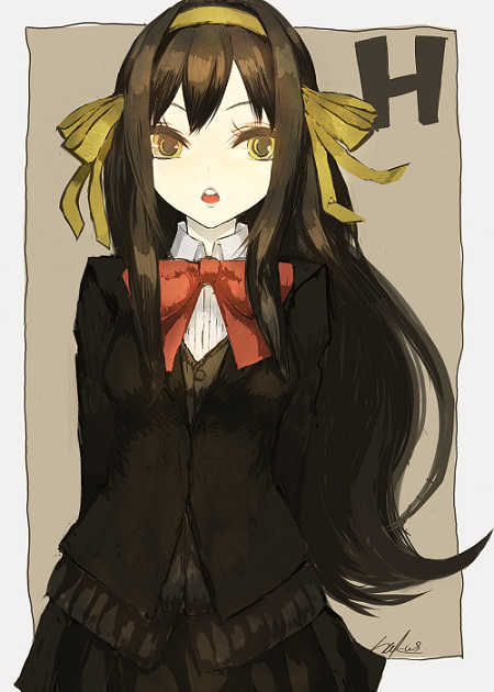 kunimura hakushi, suzumiya haruhi, suzumiya haruhi no shoushitsu, suzumiya haruhi no yuuutsu, bad id, bad pixiv id, 00s, 10s, alternate costume, alternate hairstyle, blazer, bow, bowtie, brown hair, cardigan, goth fashion, hair ribbon, jacket, kouyouen academy school uniform, long hair, official alternate hair length, official alternate hairstyle, ribbon, school uniform, solo, text focus, yellow eyes