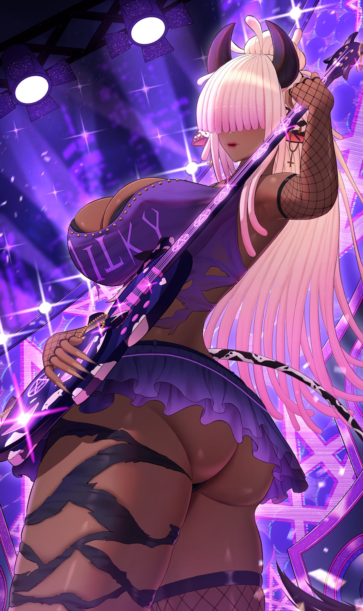 eeyoosekedooaat, indie virtual youtuber, highres, second-party source, 1girl, animal ears, ass, asymmetrical legwear, black horns, breasts, brown pantyhose, cow ears, cow girl, cow horns, cow tail, dark-skinned female, dark skin, electric guitar, fingerless gloves, fingernails, fishnet gloves, fishnet thighhighs, fishnets, gloves, guitar, hair over eyes, holding, holding instrument, horns, huge breasts, instrument, inverted cross earrings, long fingernails, long hair, microskirt, milky the cowcubus, mismatched legwear, pantyhose, pink hair, purple skirt, skirt, stage lights, tail, thighhighs, very long hair, virtual youtuber