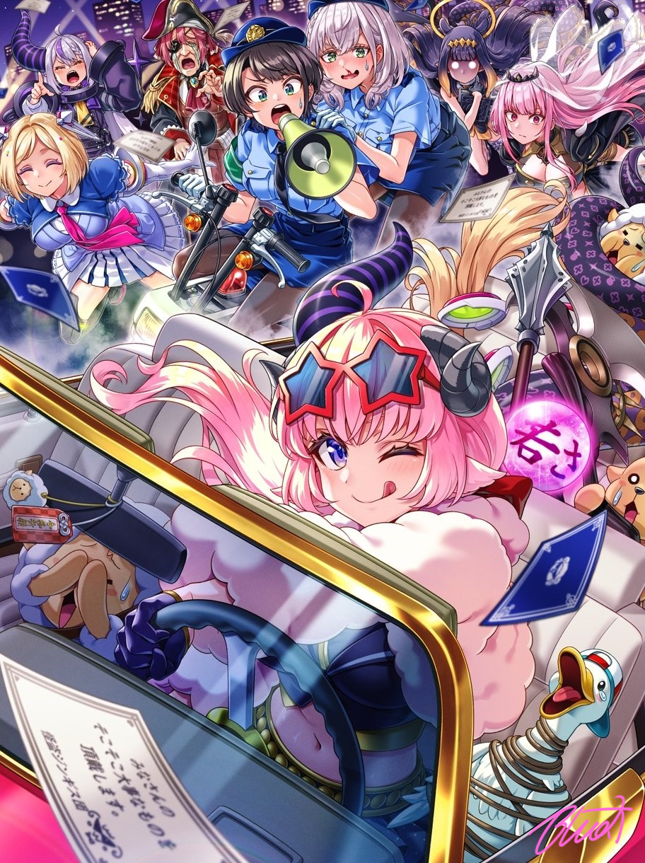 buru-dai, aki rosenthal, aki rosenthal (1st costume), houshou marine, houshou marine (1st costume), la+ darknesss, la+ darknesss (1st costume), mori calliope, mori calliope (1st costume), ninomae ina'nis, ninomae ina'nis (1st costume), oozora subaru, oozora subaru (police), shirogane noel, subaru duck, tsunomaki watame, watamate, hololive, hololive english, commentary request, highres, translation request, 6+girls, aged up, ahoge, animal ears, bird, black gloves, black hair, black pantyhose, blonde hair, blood, blue eyes, blue hat, bound, braid, breasts, building, car, cleavage, crying, demon girl, demon horns, detached hair, dress, driving, duck, elbow gloves, eyepatch, eyewear on head, false smile, fur jacket, gloves, glowing, glowing eyes, gradient hair, green eyes, grey hair, half gloves, halo, hand on own head, hat, holding, holding megaphone, horns, jacket, large breasts, long hair, mace, medium breasts, megaphone, midriff, miniskirt, motor vehicle, motorcycle, multicolored hair, multiple girls, navel, night, nosebleed, old, old woman, orange hair, pantyhose, pink eyes, pirate hat, pleated skirt, pointing, police, police hat, police uniform, policewoman, purple hair, rear-view mirror, red hair, scythe, sheep, sheep ears, sheep girl, sheep horns, short dress, short hair, shoulder spikes, skirt, smile, spikes, star-shaped eyewear, star (symbol), steering wheel, streaked hair, streaming tears, sunglasses, tears, tentacle hair, tentacles, theft, tiara, tied up (nonsexual), tongue, tongue out, two-tone hair, veil, virtual youtuber, weapon, white gloves