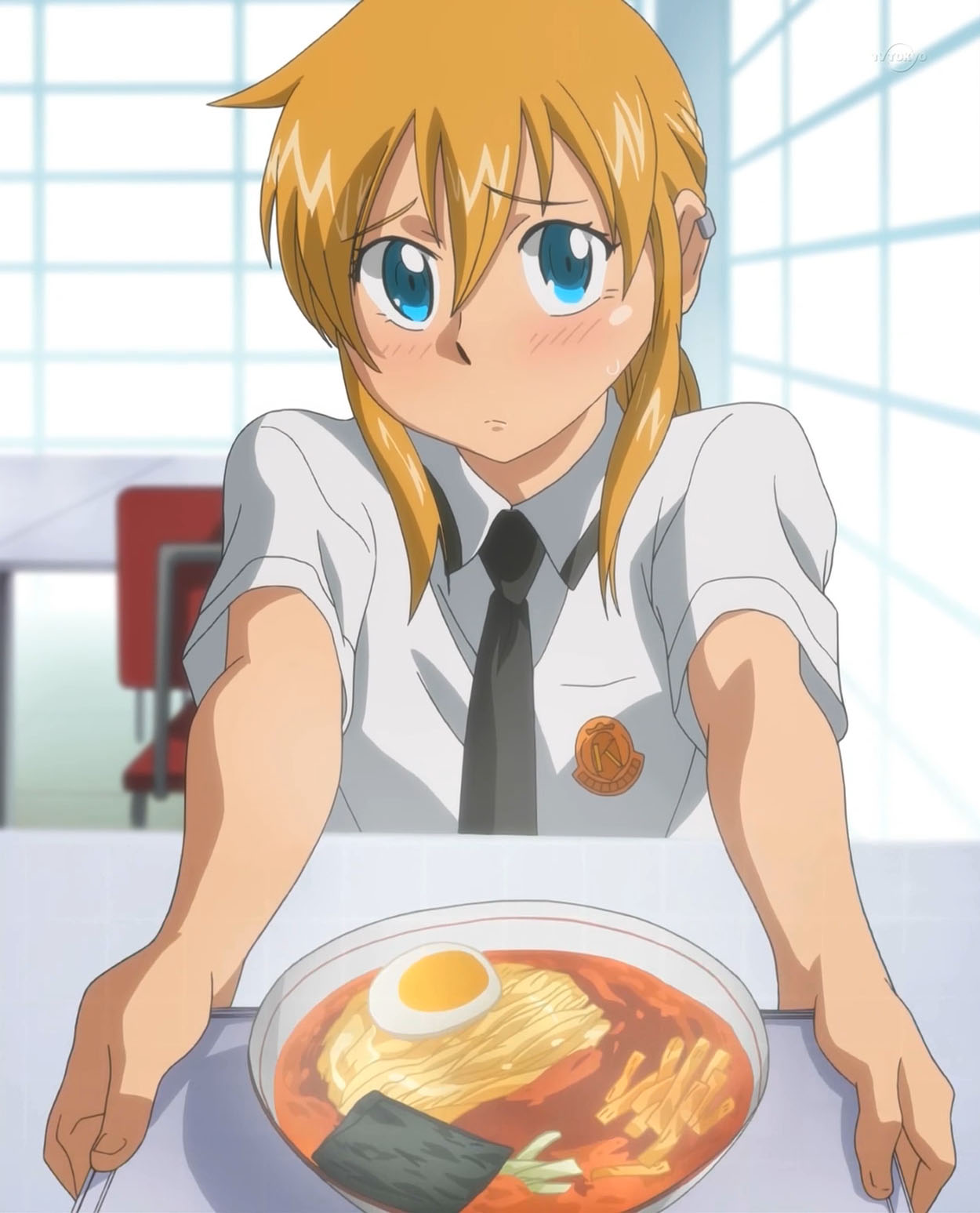 kageyama torako, hyakko, anime screenshot, highres, stitched, third-party edit, 00s, 1girl, blue eyes, blush, chair, egg, female focus, food, indoors, long hair, necktie, noodles, orange hair, ramen, school emblem, school uniform, seaweed, sitting, solo