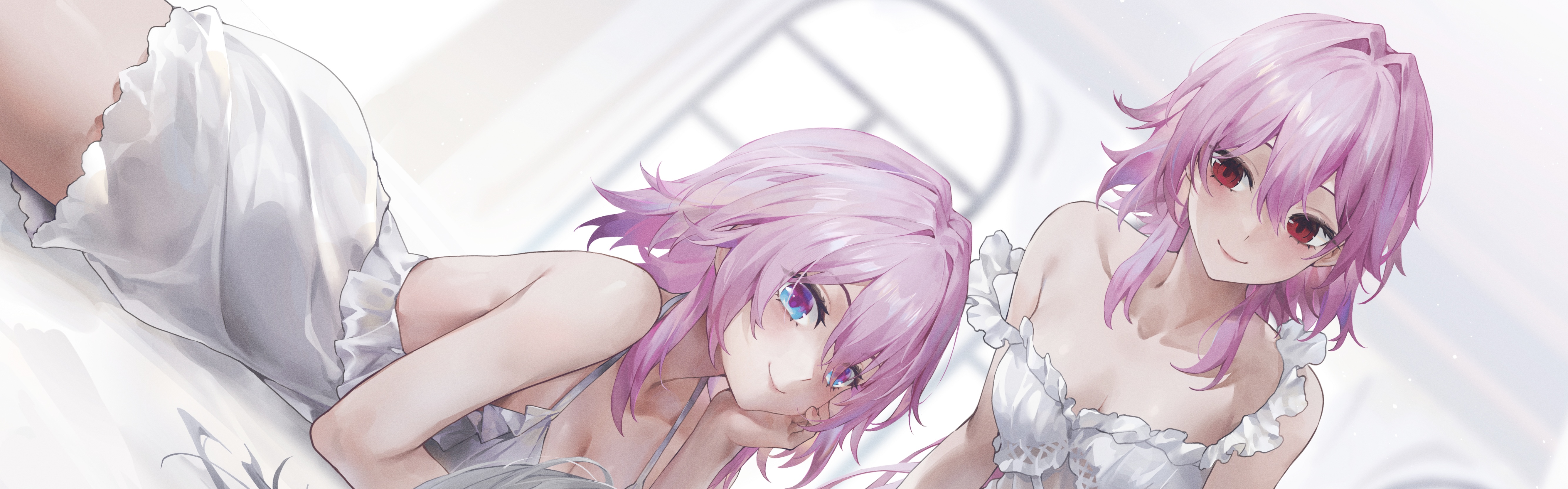swkl:d, evernight (honkai: star rail), march 7th (honkai: star rail), honkai: star rail, honkai (series), absurdres, cropped, highres, 2girls, alternate costume, arm support, bare shoulders, breasts, cleavage, closed mouth, dress, dual persona, hair between eyes, long hair, looking at viewer, lying, medium hair, multicolored eyes, multiple girls, on stomach, pink hair, red eyes, smile, thighs, two-tone eyes, white dress