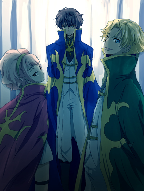 kl (dgzonbi), anya alstreim, gino weinberg, kururugi suzaku, code geass, silver hair, 00s, 1girl, 2boys, arms behind back, belt, black hair, blonde hair, buckle, cape, coat, knights of rounds, knights of the round, long sleeves, looking at viewer, mask, military, multiple boys, pillar, short hair