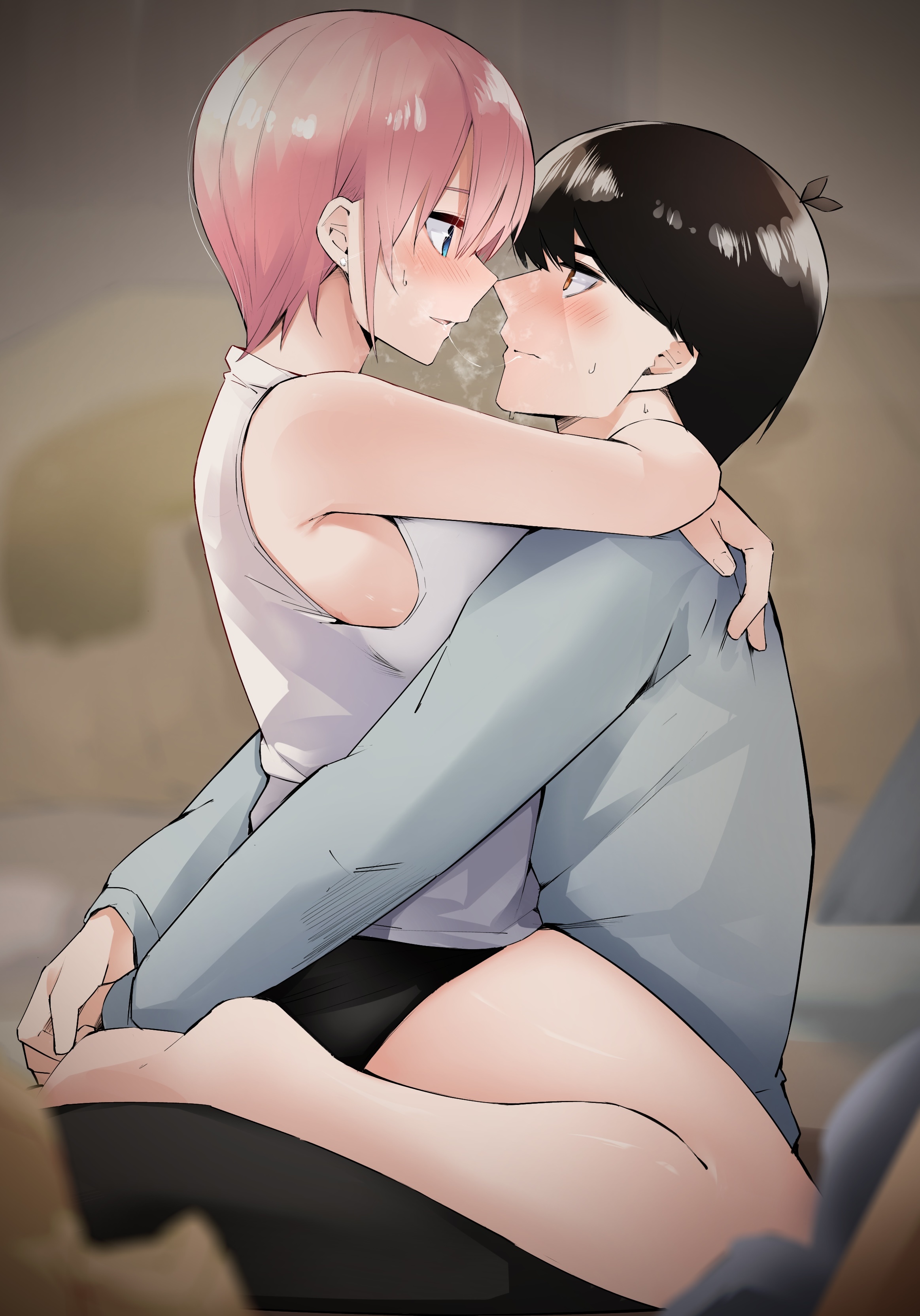 mame1645, nakano ichika, uesugi fuutarou, go-toubun no hanayome, absurdres, highres, 1boy, 1girl, after kiss, antenna hair, armpits, arms around neck, arms around waist, bare arms, bare legs, bare shoulders, barefoot, bed, bedroom, black hair, black skirt, blue eyes, blush, breasts, closed mouth, couple, earrings, eye contact, eyebrows hidden by hair, from side, full body, glint, hair between eyes, hetero, hug, imminent kiss, jewelry, large breasts, legs, looking at another, miniskirt, nose, parted lips, pencil skirt, pink hair, profile, saliva, saliva trail, shiny skin, shirt, short hair, sitting, sitting on lap, sitting on person, skirt, sleeveless, sleeveless shirt, straight hair, stud earrings, sweat, thighs, white shirt, yellow eyes