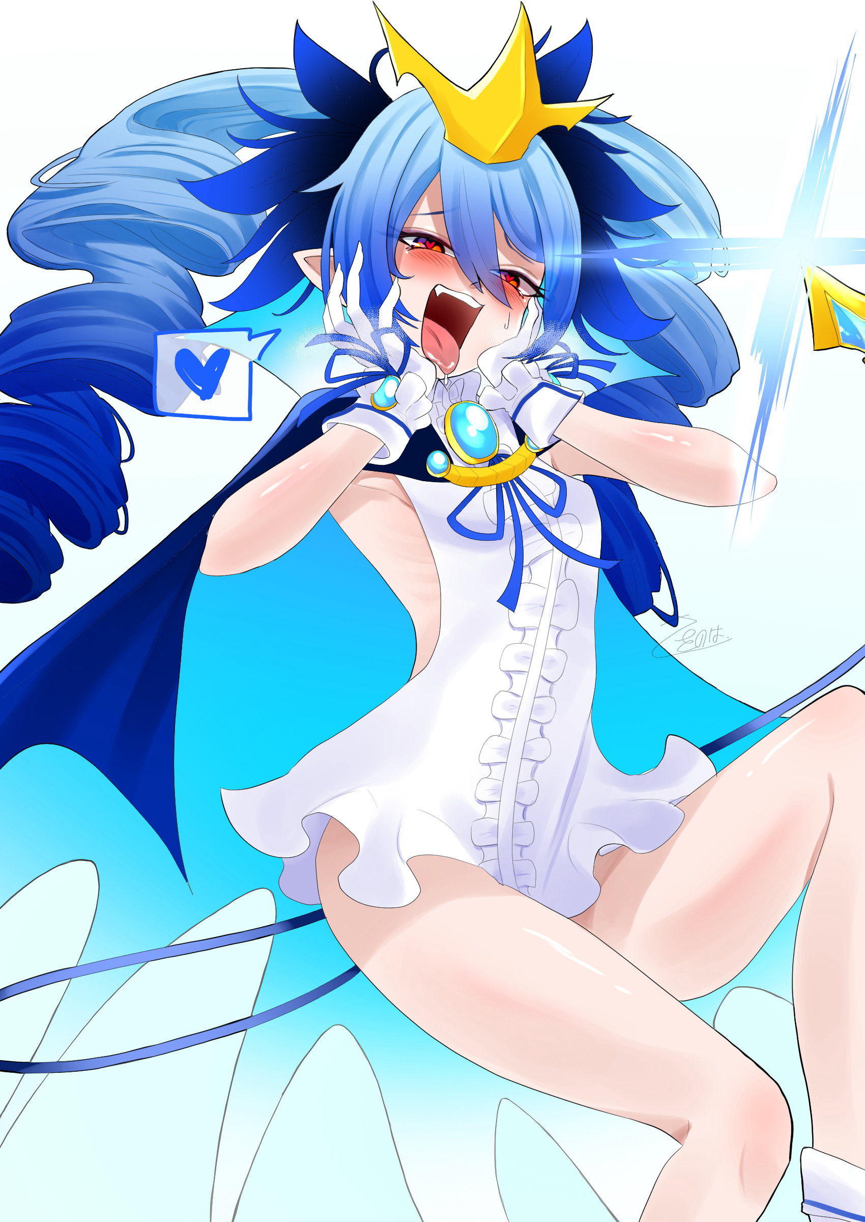 lewisia aquablue, bombergirl, absurdres, commentary request, highres, 1girl, blue hair, blue ribbon, blush, breasts, brooch, center frills, crown, demon tail, dress, drill hair, feet out of frame, frills, gloves, hands on own cheeks, hands on own face, heart, heart-shaped pupils, jewelry, long hair, looking at viewer, neck ribbon, open mouth, pointy ears, red eyes, ribbon, sasanowa, short dress, sideless dress, simple background, small breasts, smile, solo, spoken heart, symbol-shaped pupils, tail, twin drills, white background, white dress, white gloves