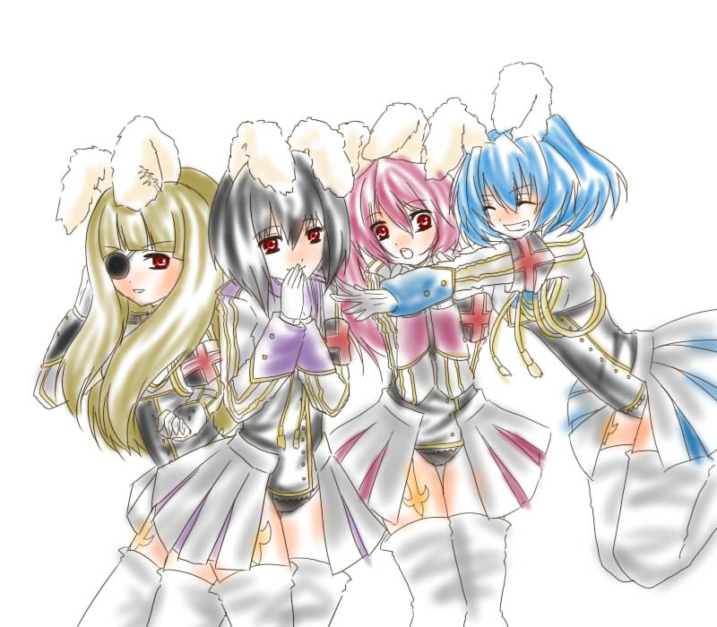 reira (snowstrawberry), chiester00, chiester410, chiester45, chiester556, chiester sisters, umineko no naku koro ni, bad id, bad pixiv id, 00s, 4girls, animal ears, armband, black hair, blonde hair, blue hair, closed eyes, eyepatch, gloves, hug, multiple girls, pink hair, rabbit ears, red eyes, showgirl skirt, smile, thighhighs, twintails, zettai ryouiki