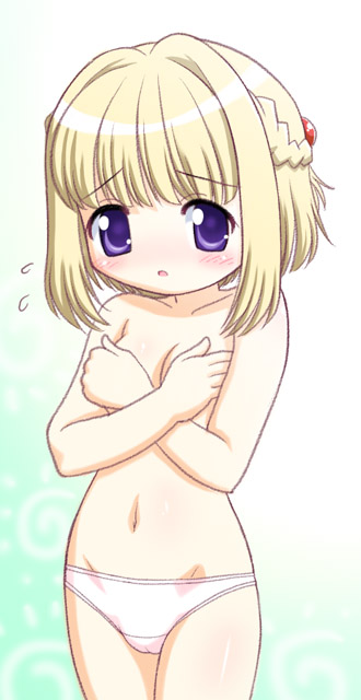 tanuki yousuke, nazuna (hidamari sketch), hidamari sketch, 00s, 1girl, :o, blonde hair, blush, braid, cameltoe, covering breasts, covering privates, female focus, flying sweatdrops, half updo, loli, navel, panties, parted lips, purple eyes, solo, topless female, underwear, underwear only, white panties