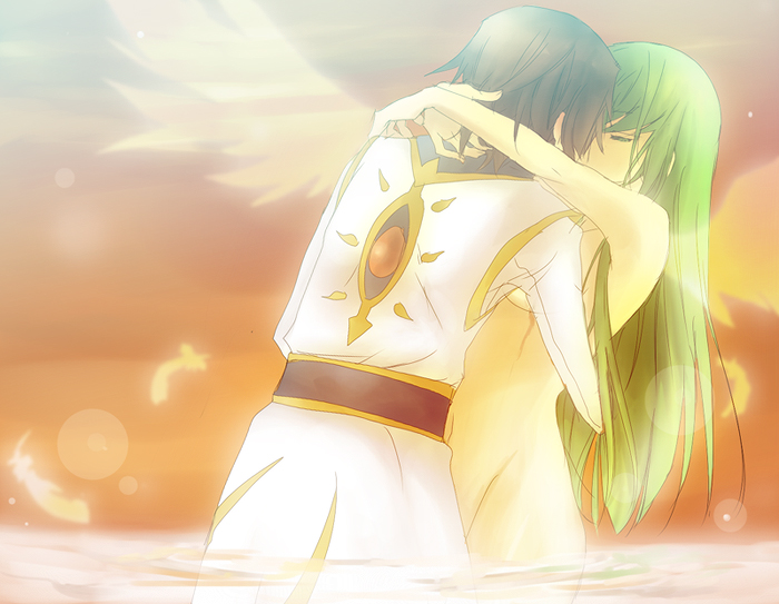 kl (dgzonbi), c.c., lelouch vi britannia, code geass, 00s, angel wings, closed eyes, clothed male nude female, completely nude, feathers, green hair, kiss, long hair, nude, water, wings