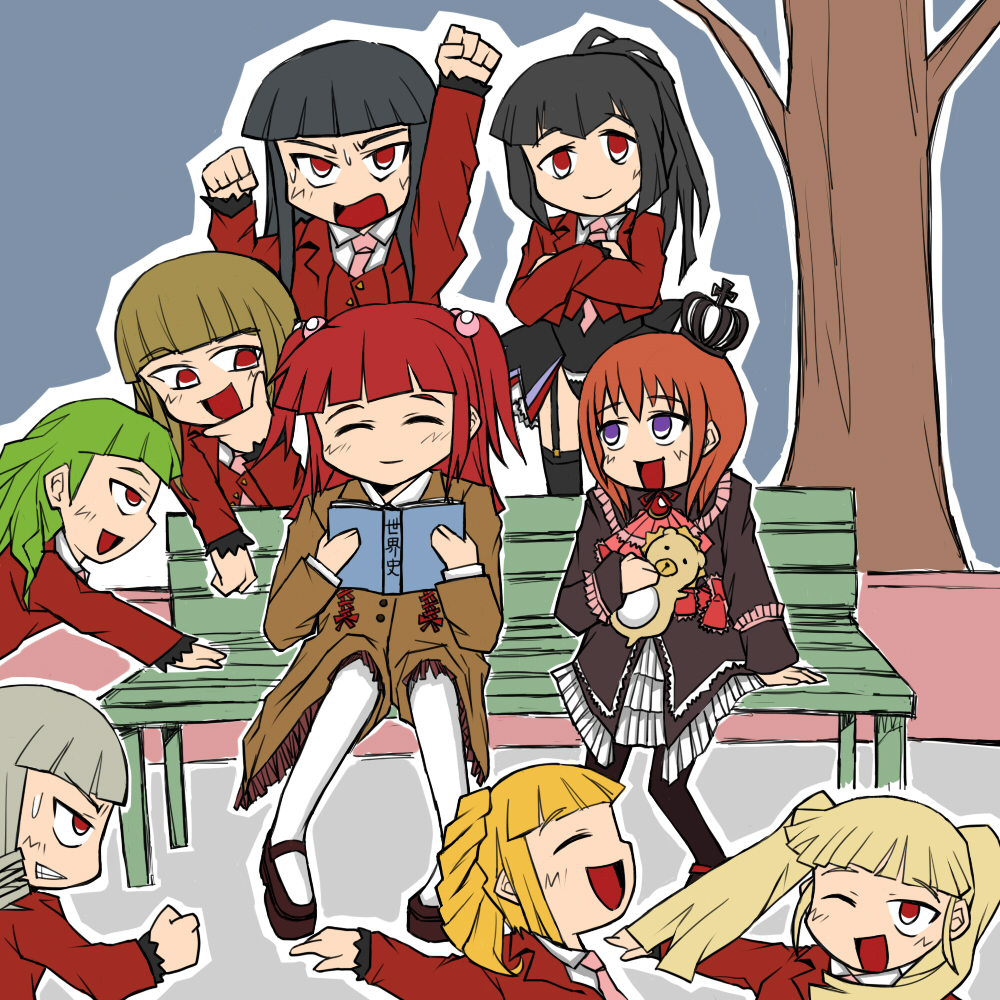 rifyu, asmodeus (umineko), beelzebub (umineko), belphegor (umineko), leviathan (umineko), lucifer (umineko), mammon (umineko), maria (umineko), sakutarou (umineko), satan (umineko), stakes of purgatory, ushiromiya ange, umineko no naku koro ni, silver hair, 00s, 6+girls, black hair, blunt bangs, book, crown, drill hair, green hair, hair bobbles, hair ornament, multiple girls, necktie, pantyhose, pink necktie, red eyes, red hair, smile, thighhighs, toy, twintails