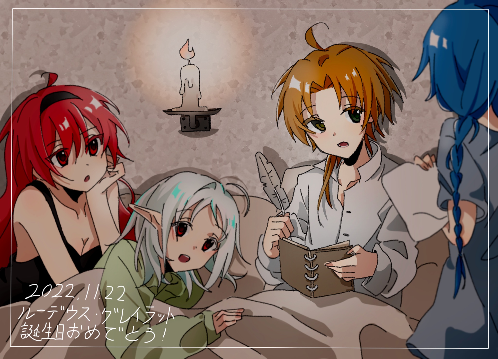 ringori84372911, eris greyrat, roxy migurdia, rudeus greyrat, sylphiette (mushoku tensei), mushoku tensei, highres, 1boy, 3girls, ahoge, black tiara, braid, brown hair, candle, diary, elf, green pajamas, holding, holding quill, husband and wives, multiple girls, on bed, pajamas, pointy ears, quill, red eyes, red hair, talking, tiara, white hair, writing