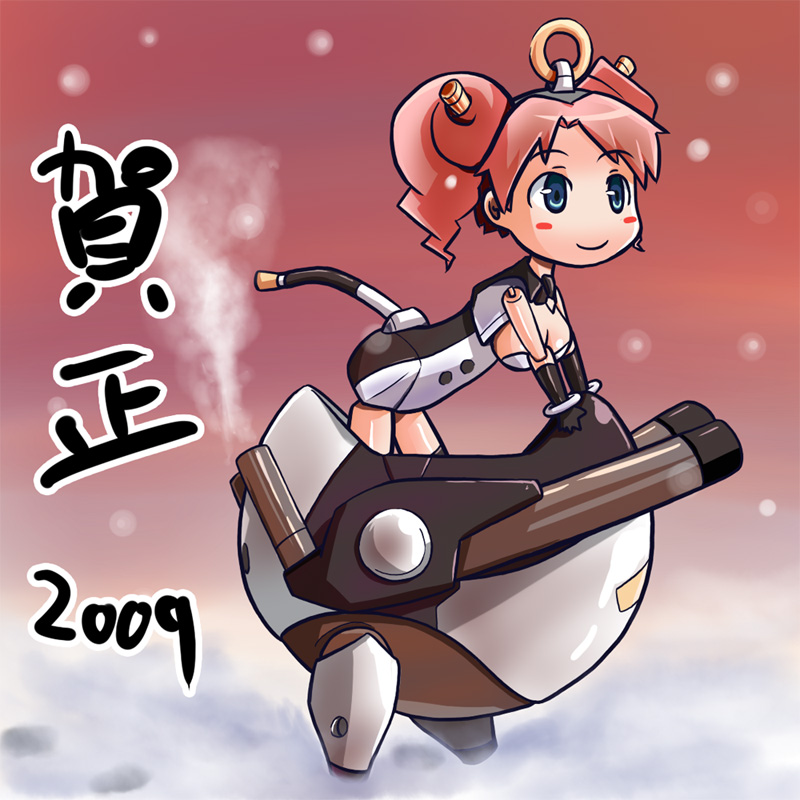 vitulus, busou shinki, bad id, bad pixiv id, 00s, 10s, 2009, blue eyes, breasts, doll joints, exhaust, joints, large breasts, new year, pink hair, snow, solo, tail, twintails