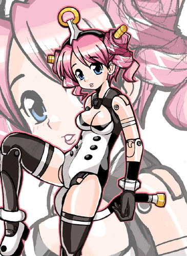 vitulus, busou shinki, lowres, 10s, blue eyes, breasts, doll joints, joints, large breasts, pink hair, solo, tail, thighhighs, twintails