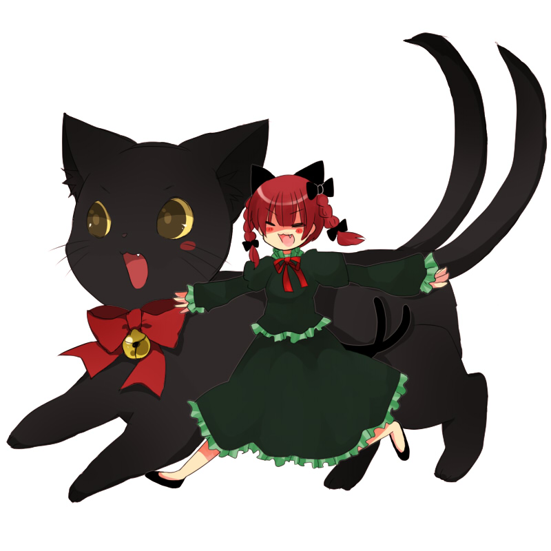 miyako (xxxbibit), myk, kaenbyou rin, kaenbyou rin (cat), touhou, bad id, bad pixiv id, 1girl, animal ears, bell, blush, cat, cat ears, cat tail, dual persona, fang, female focus, red eyes, ribbon, solo, tail
