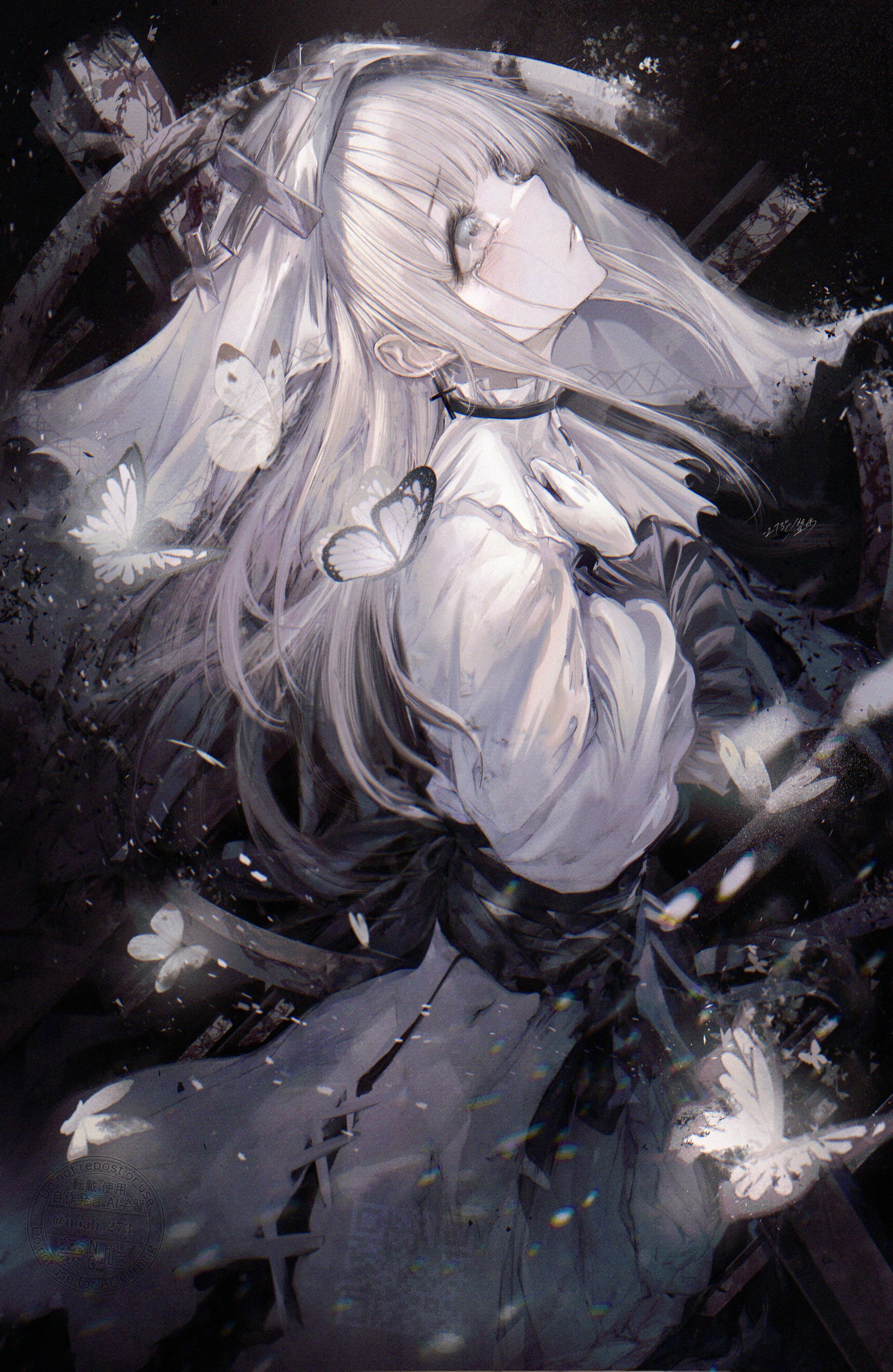 renoahh, hikami meruru, mahou shoujo no majo saiban, absurdres, highres, 1girl, blood, bug, butterfly, cross, cross earrings, crying, crying with eyes open, dress, earrings, from side, grey eyes, hand on own chest, hands on own chest, impaled, insect, jewelry, long hair, long sleeves, looking at viewer, looking up, solo, tears, white butterfly, white dress, white eyes, white hair