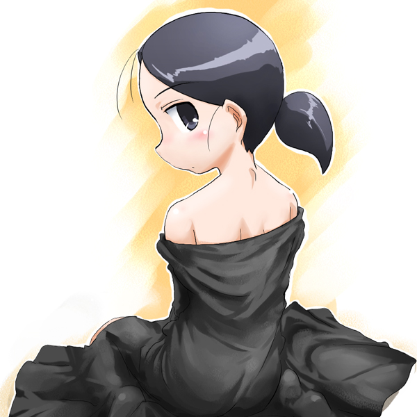 tanada-bon, kuga kokage, sketchbook full colors, 00s, bare shoulders, black hair, looking back, off shoulder, ponytail, solo