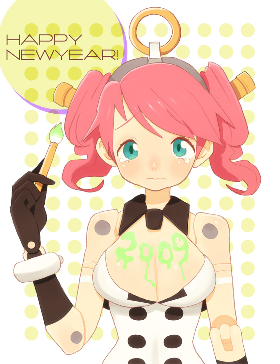vitulus, busou shinki, 00s, 10s, 2009, blue eyes, bodypaint, breasts, calligraphy brush, doll joints, joints, large breasts, new year, paint, paintbrush, pink hair, solo, tears, twintails