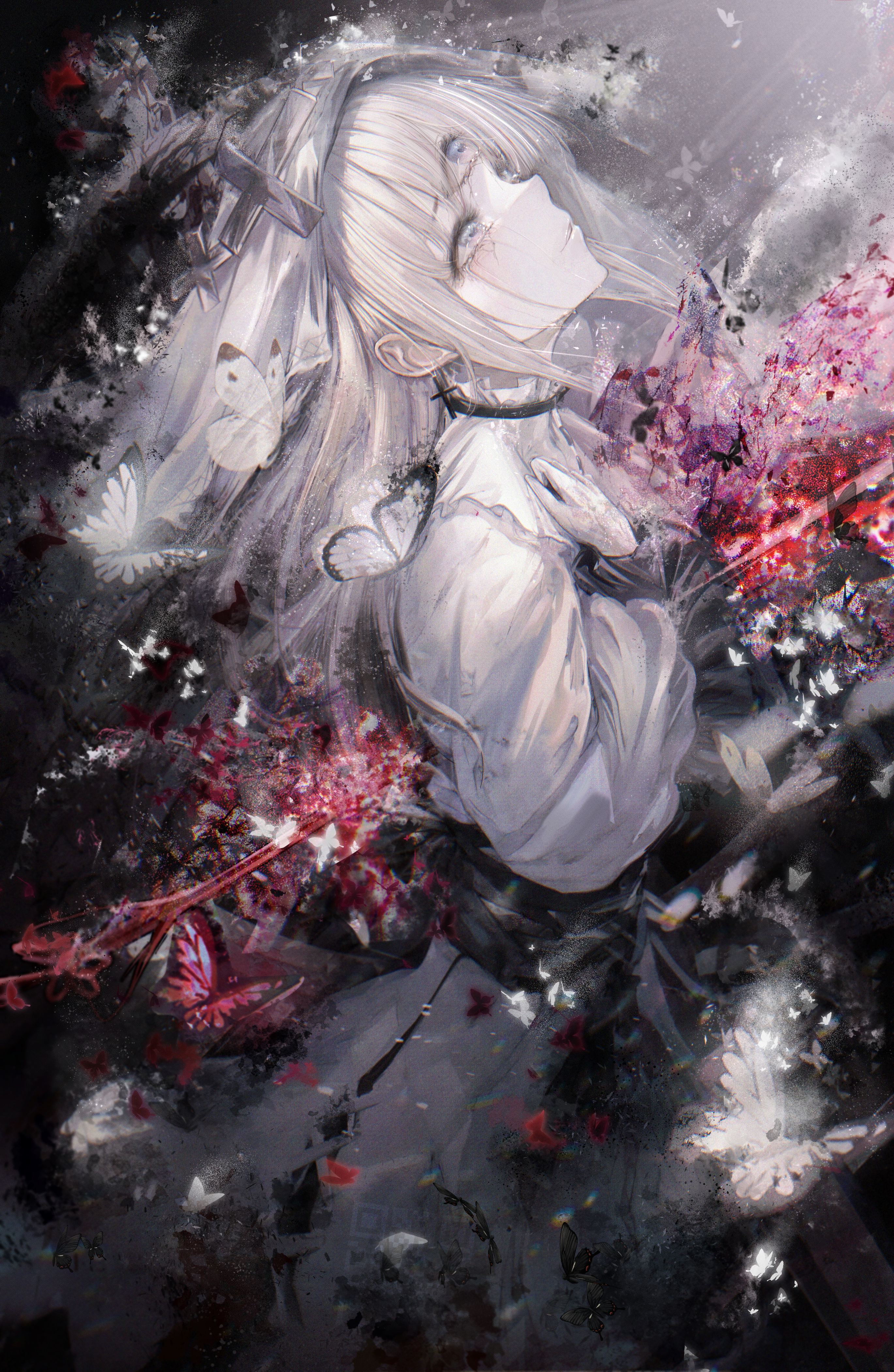 renoahh, hikami meruru, mahou shoujo no majo saiban, absurdres, highres, 1girl, blood, bug, butterfly, cross, cross earrings, crying, crying with eyes open, dress, earrings, from side, grey eyes, hand on own chest, hands on own chest, impaled, insect, jewelry, long hair, long sleeves, looking at viewer, looking up, solo, tears, white butterfly, white dress, white eyes, white hair