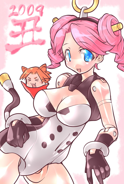 tigris, vitulus, busou shinki, 00s, 10s, 2009, 2girls, :3, :d, animal ears, bare shoulders, black gloves, blue eyes, blush stickers, border, bracer, breasts, chibi, cleavage, cleavage cutout, closed eyes, clothing cutout, cowboy shot, dated, doll joints, fang, gloves, hairband, headgear, joints, jumping, large breasts, leaning, leotard, looking at viewer, multiple girls, new year, open mouth, orange hair, pink hair, short hair, short twintails, simple background, smile, swept bangs, tail, twintails, white background