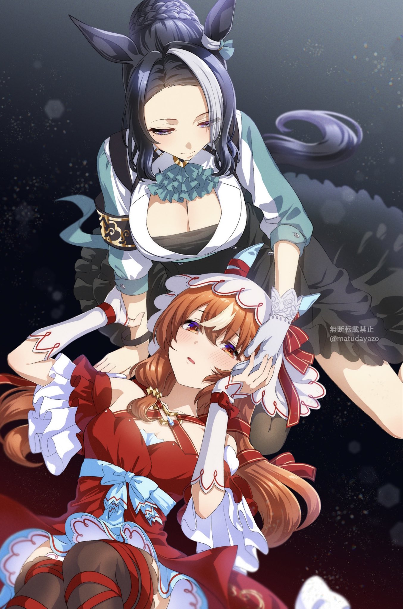 matuda (matudayazo), mejiro ramonu (onyx line) (umamusume), mejiro ramonu (umamusume), still in love (scarlet vow raiment) (umamusume), still in love (umamusume), umamusume, highres, 2girls, animal ears, aqua ascot, ascot, black dress, black hair, black skirt, black thighhighs, blue ascot, blue jacket, blush, bow, braid, braided bun, breasts, brown hair, cleavage, closed mouth, collarbone, detached sleeves, dress, ear bow, ear covers, ear ornament, ear ribbon, gloves, hair between eyes, hair bun, hair ornament, horse ears, horse girl, horse tail, jacket, lap pillow, large breasts, long hair, long sleeves, mole, mole under eye, multicolored hair, multiple girls, open clothes, open jacket, open mouth, parted lips, purple eyes, red dress, red eyes, red ribbon, ribbon, shirt, single glove, single thighhigh, skirt, small breasts, smile, streaked hair, striped hair, tail, thighhighs, veil, white gloves, white hair, white jacket, white veil